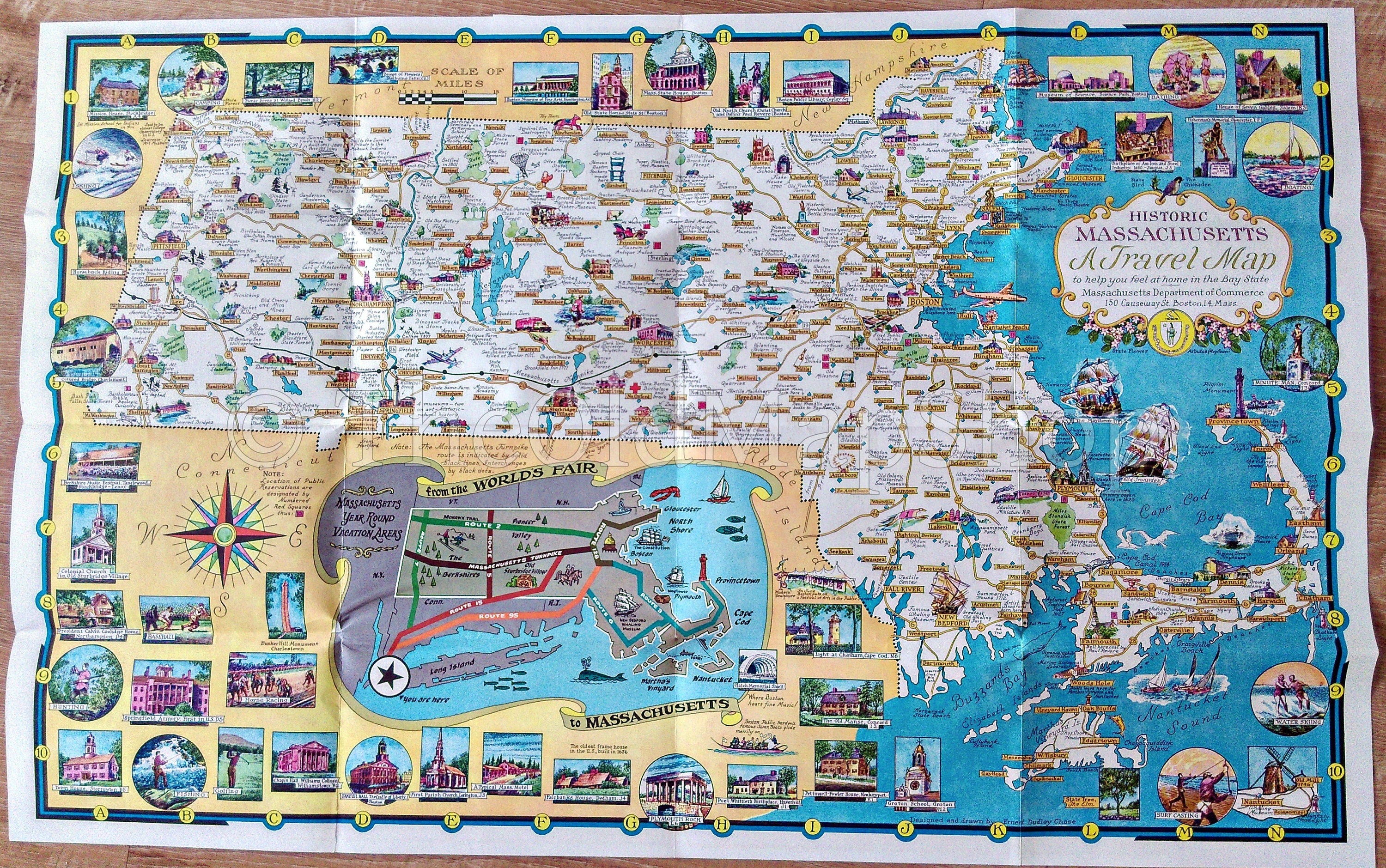 1964 Historic Massachusetts - A Travel Map by Ernest Dudley Chase. Pictorial Map Showing - Boston, Cape Cod, Martha's Vineyard,