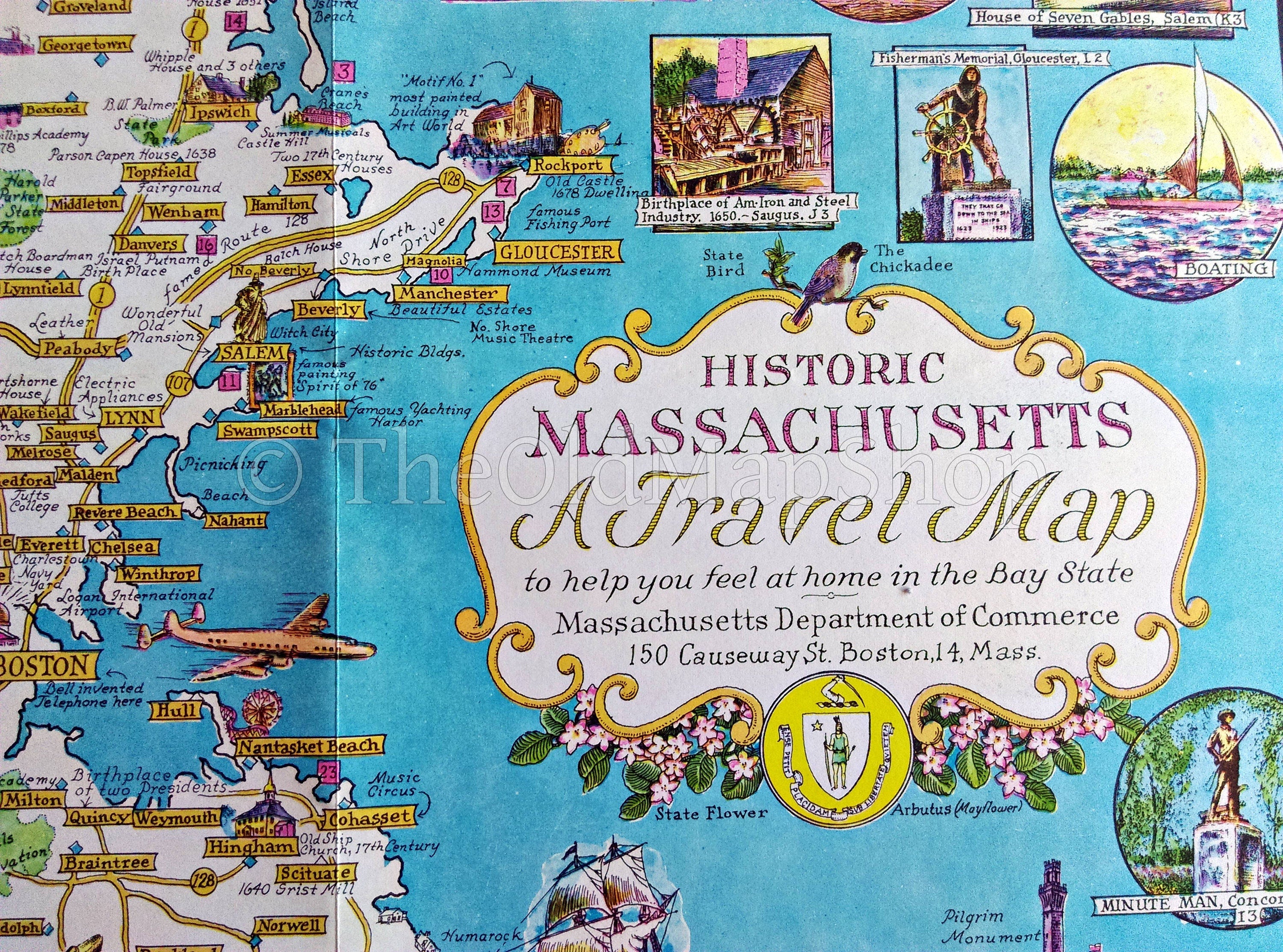 1964 Historic Massachusetts - A Travel Map by Ernest Dudley Chase. Pictorial Map Showing - Boston, Cape Cod, Martha's Vineyard,