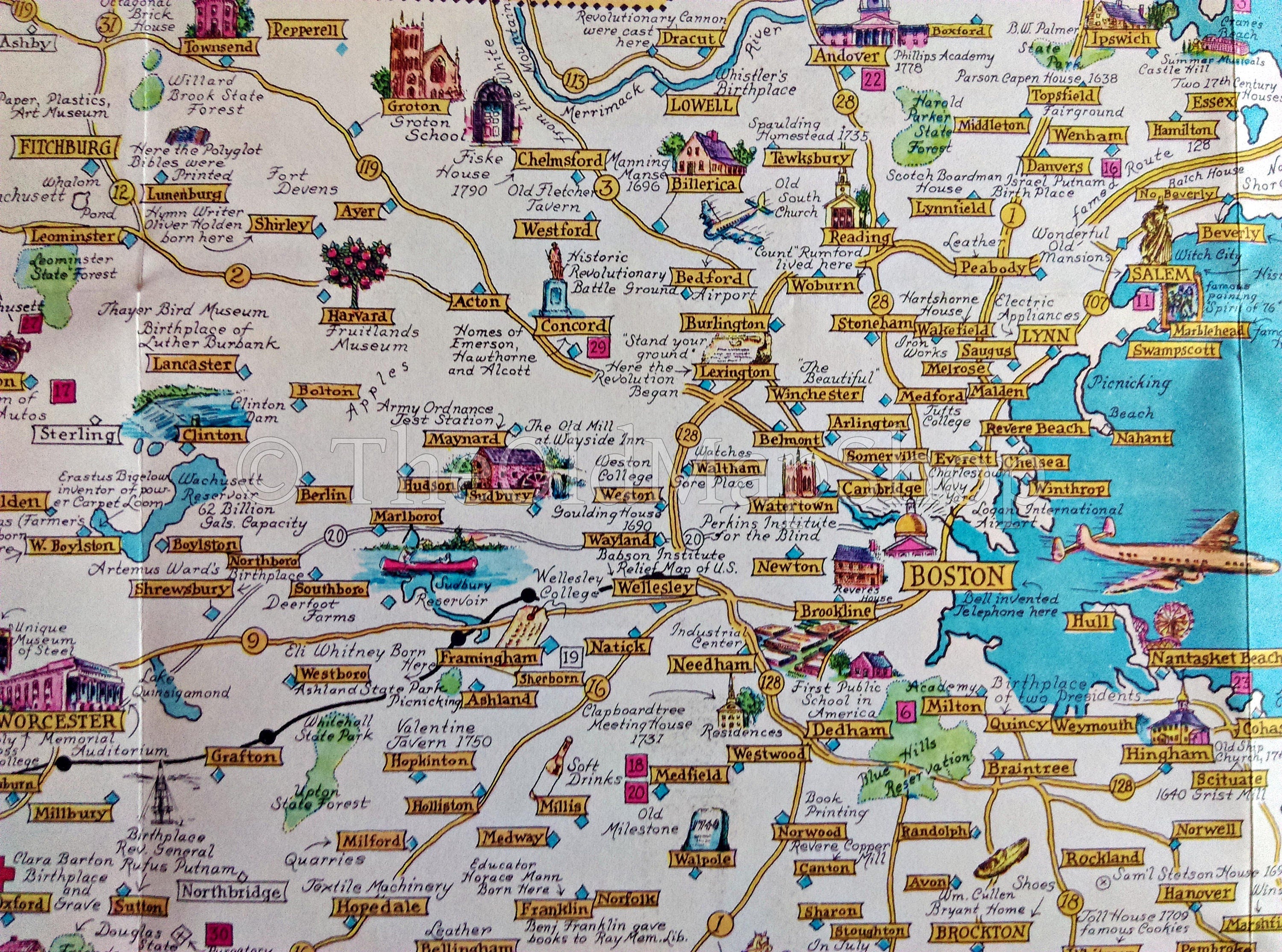 1964 Historic Massachusetts - A Travel Map by Ernest Dudley Chase. Pictorial Map Showing - Boston, Cape Cod, Martha's Vineyard,