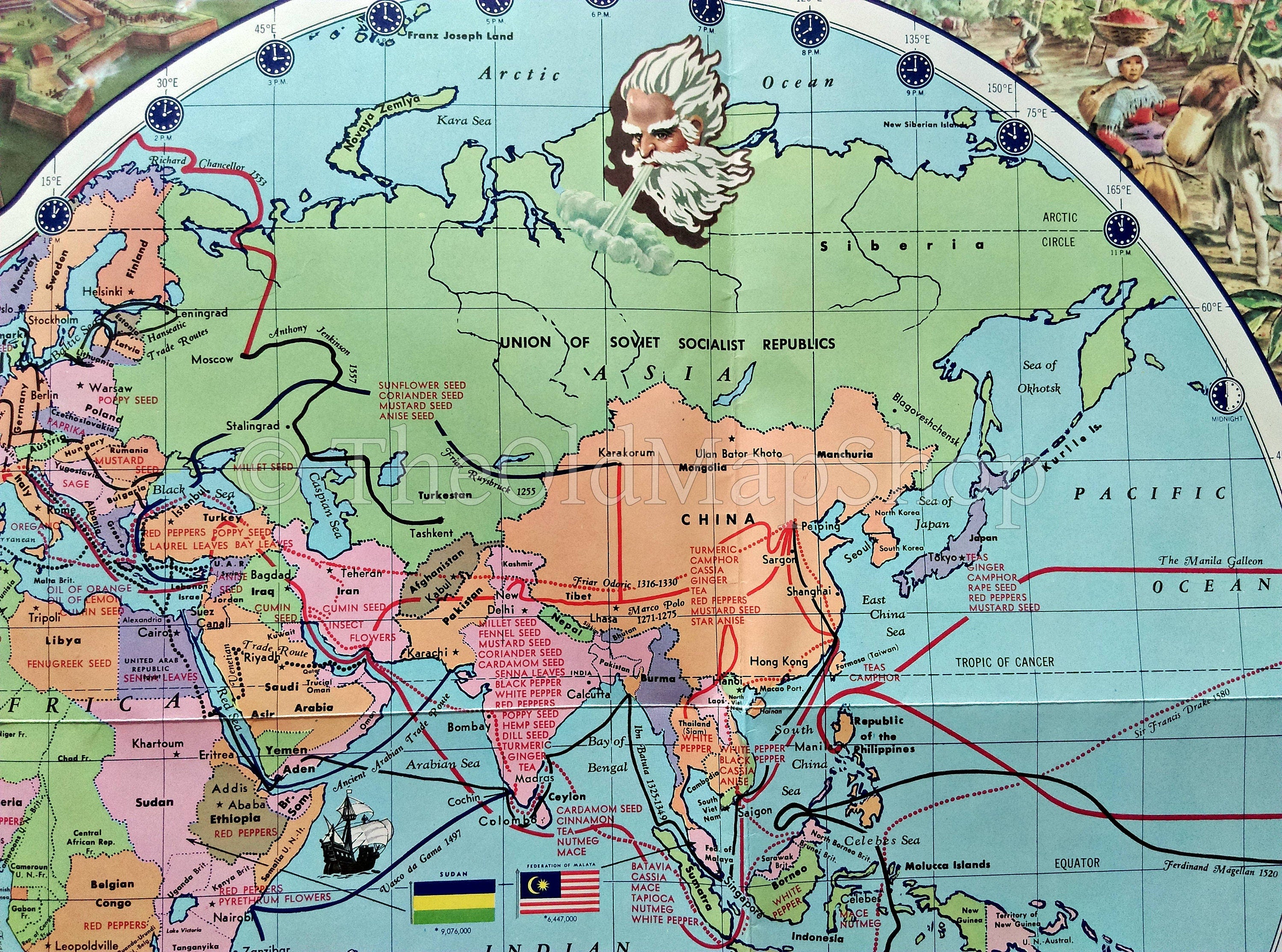 c.1959 McCormick's Pictorial Map of the World. Tea, Coffee, Spice Map of the world,