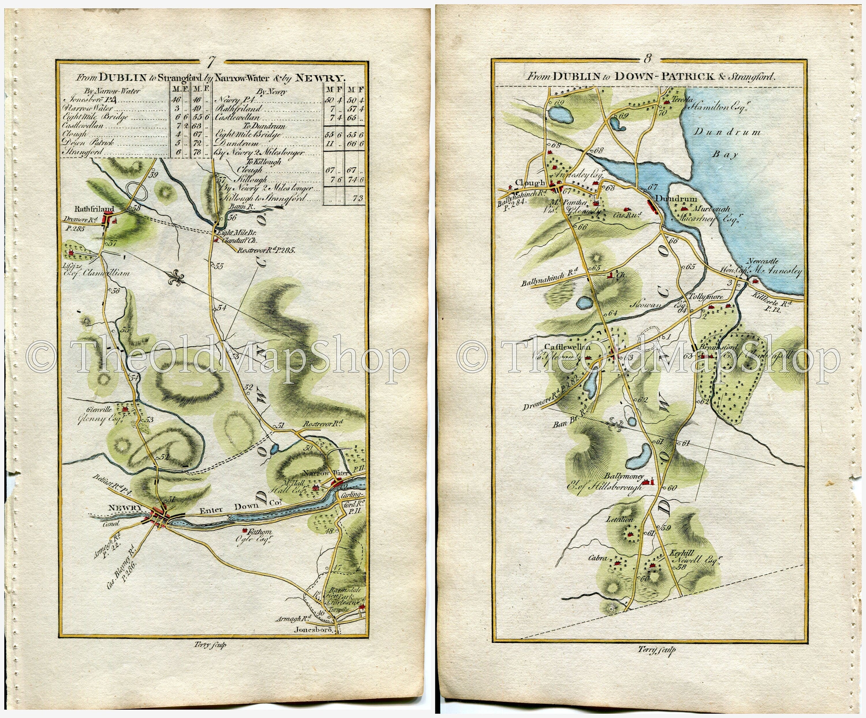 1778 Taylor & Skinner Antique Ireland Road Map 7/8 Jonesborough Newry Warrenpoint Rathfriland Castlewellan Newcastle Dundrum Clough Co. Down