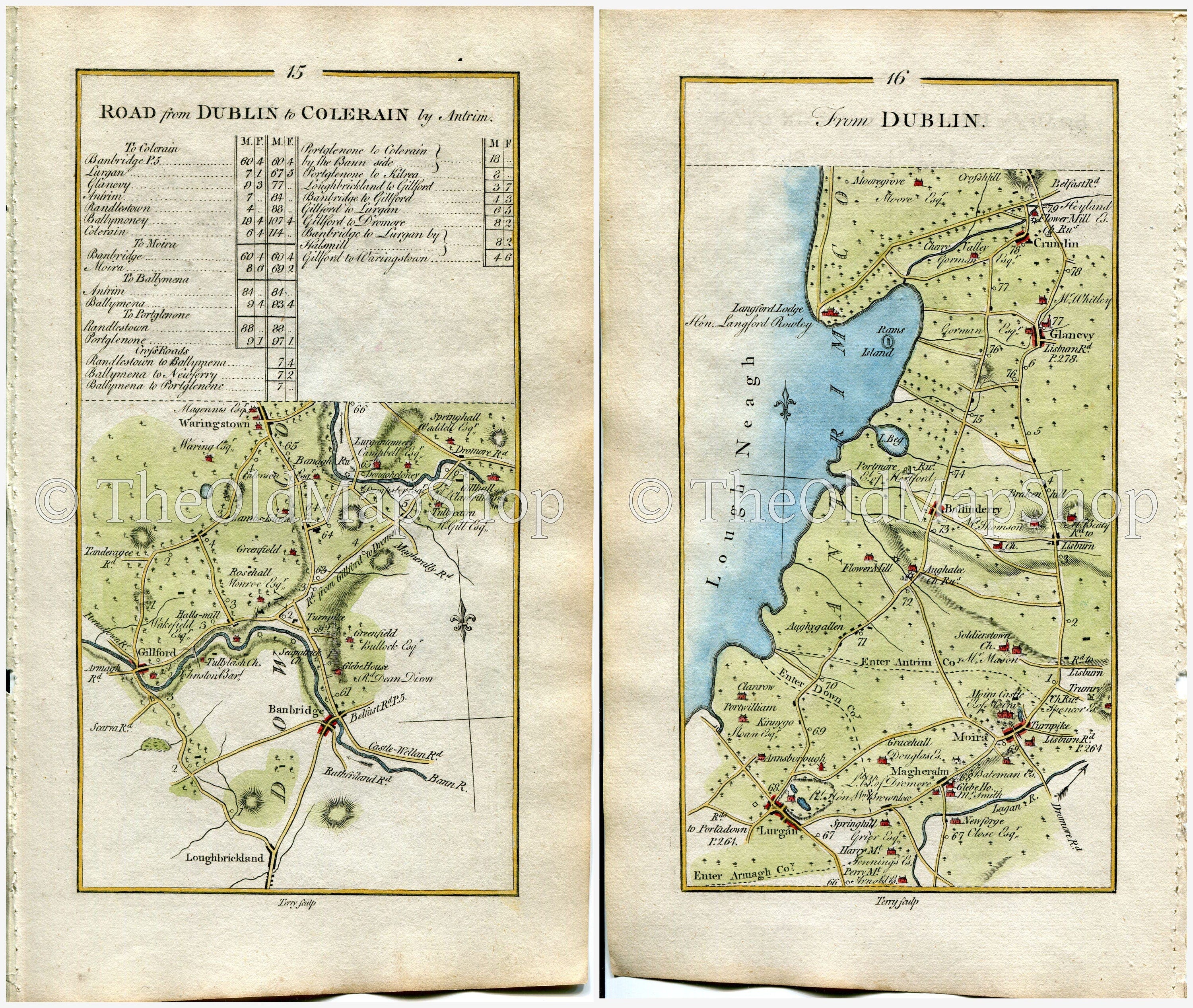 1778 Taylor & Skinner Antique Ireland Road Map 15/16 Banbridge Loughbrickland Gilford Lurgan Magheralin Aghalee Ballinderry Glenavy Crumlin