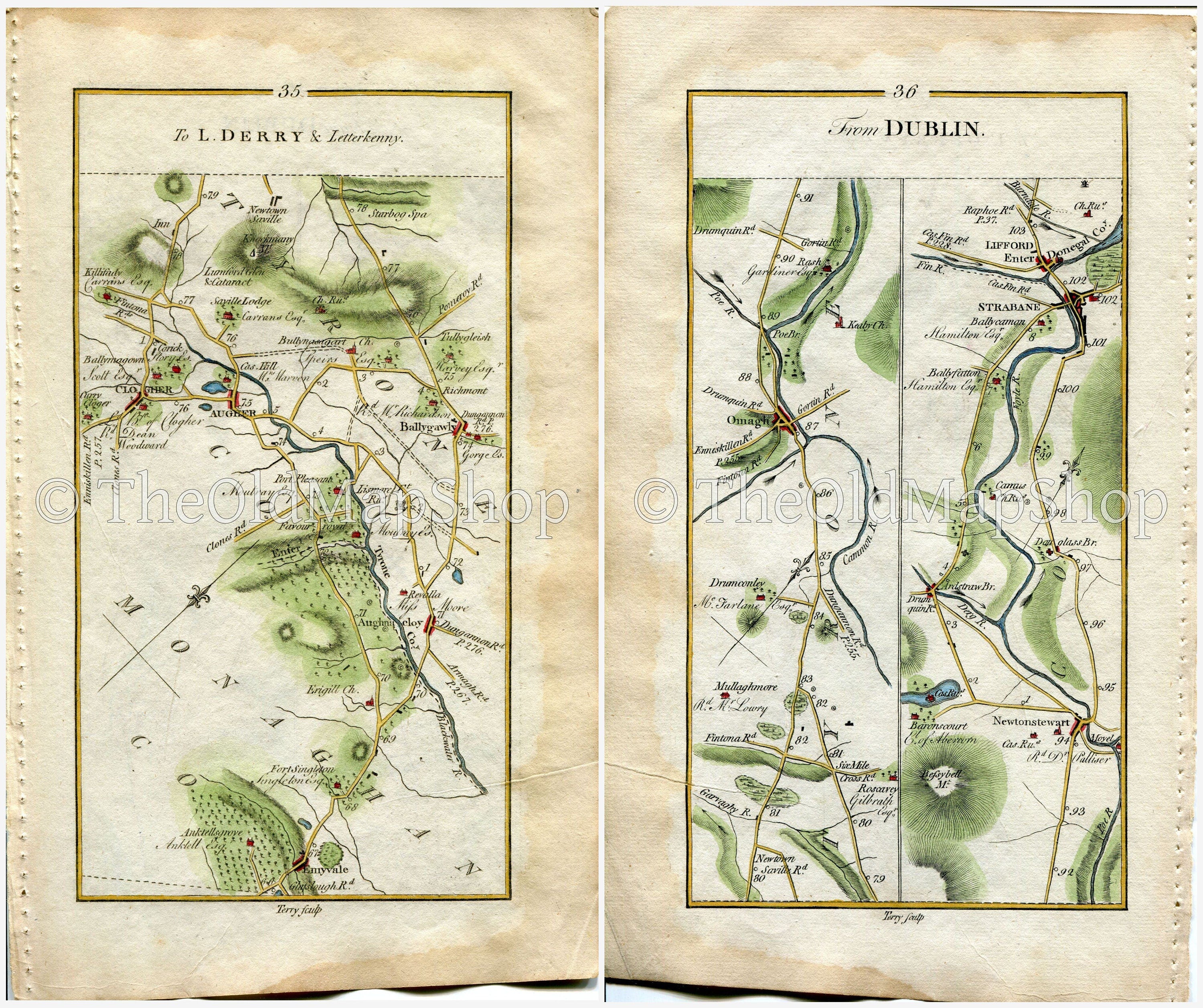 1778 Taylor & Skinner Antique Ireland Road Map 35/36 Aughnacloy Emyvale Clogher Ballygawley Omagh Newtownstewart Ardstraw Strabane Lifford
