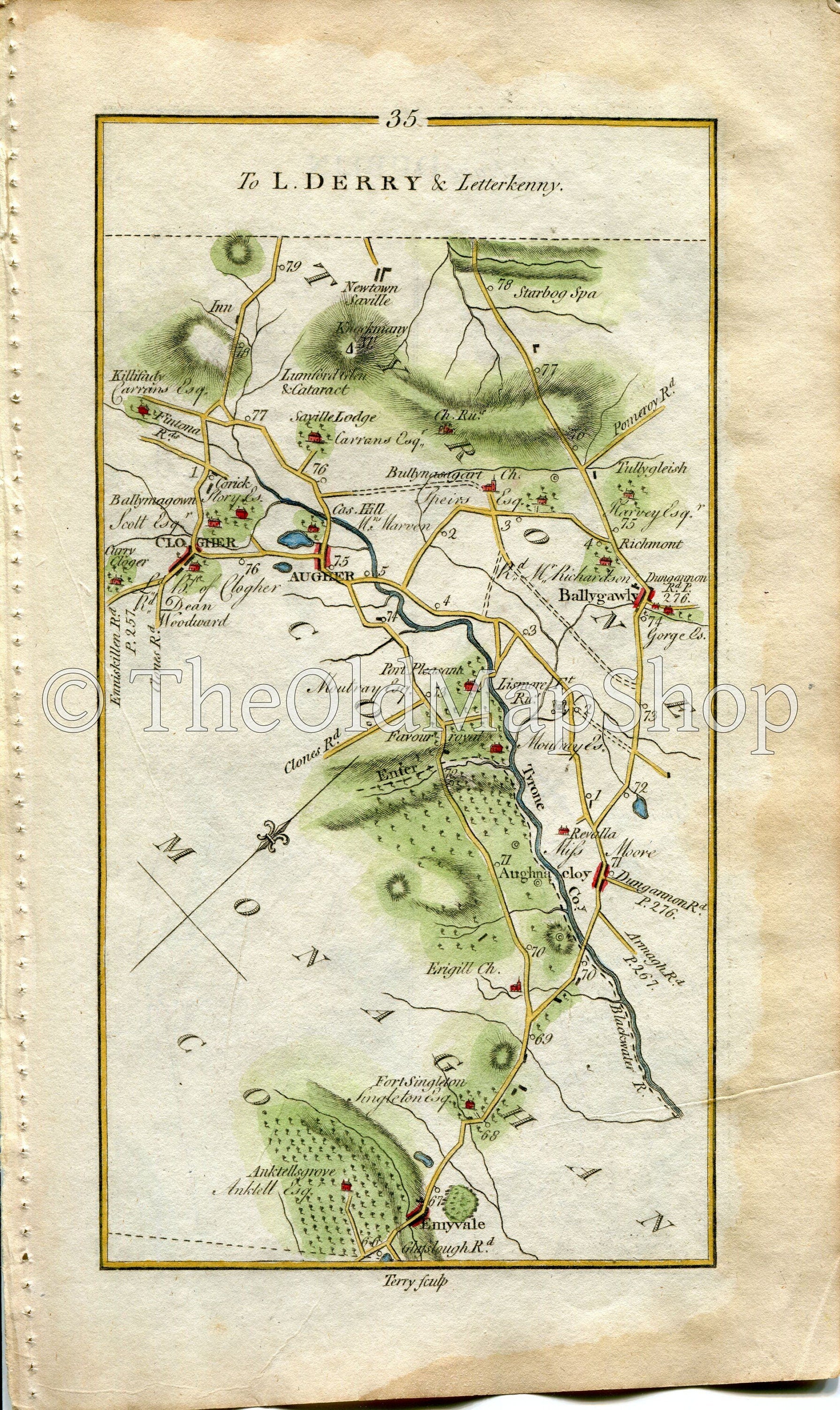 1778 Taylor & Skinner Antique Ireland Road Map 35/36 Aughnacloy Emyvale Clogher Ballygawley Omagh Newtownstewart Ardstraw Strabane Lifford