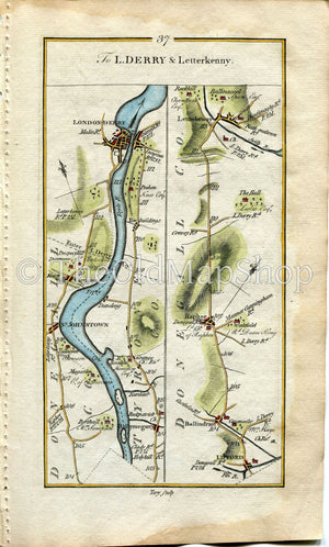 1778 Taylor & Skinner Antique Ireland Road Map 37/38 St Johnston Ballymagorry Carrigans Londonderry Lifford Ballindrait Raphoe Letterkenny