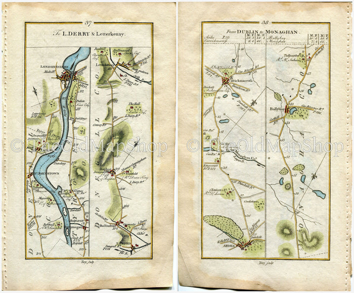 1778 Taylor & Skinner Antique Ireland Road Map 37/38 St Johnston Ballymagorry Carrigans Londonderry Lifford Ballindrait Raphoe Letterkenny