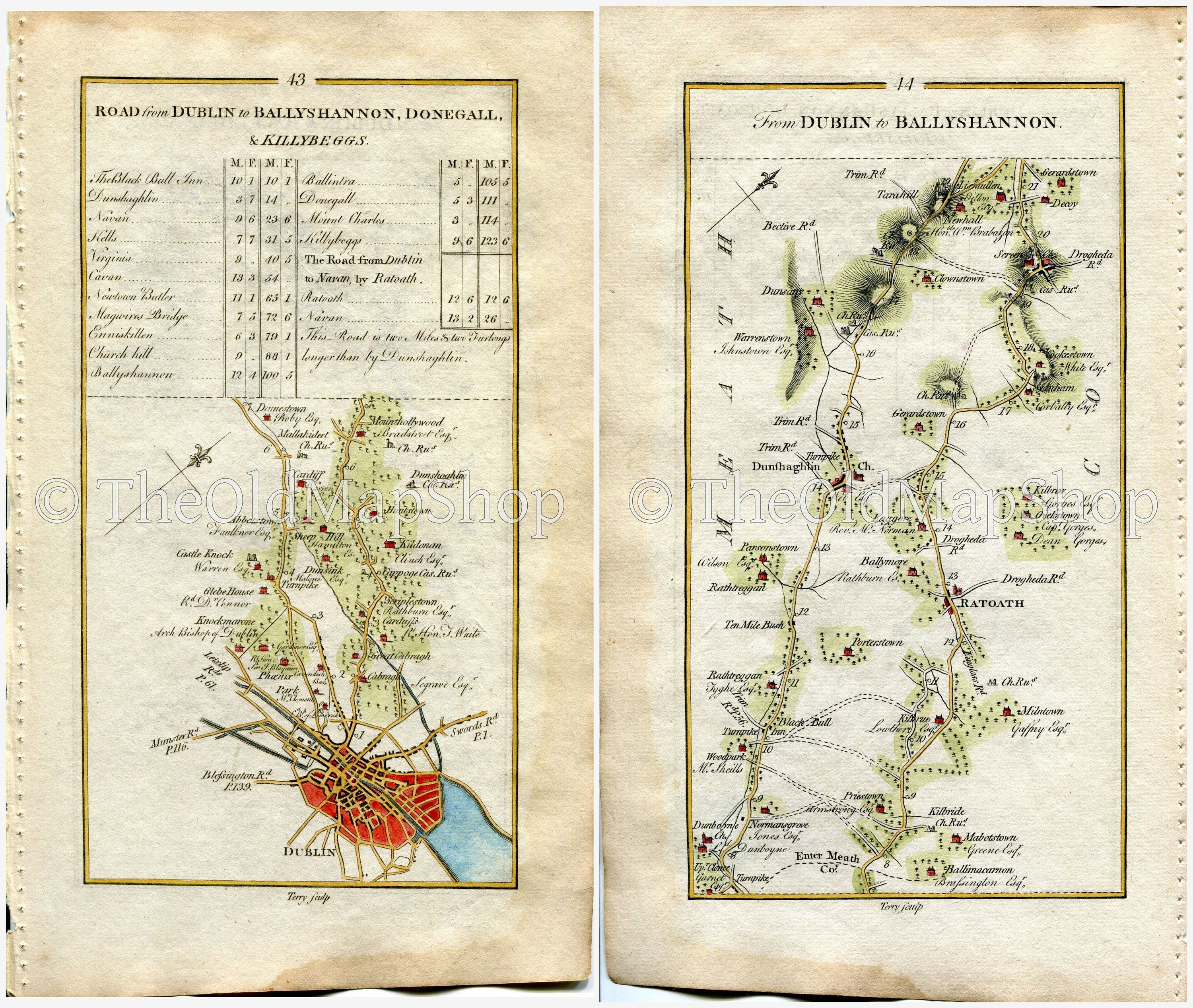 1778 Taylor & Skinner Antique Ireland Road Map 43/44 Mulhuddart Dublin Dunboyne Dunshaughlin Ratoath Dunsany Hill of Tara County Meath