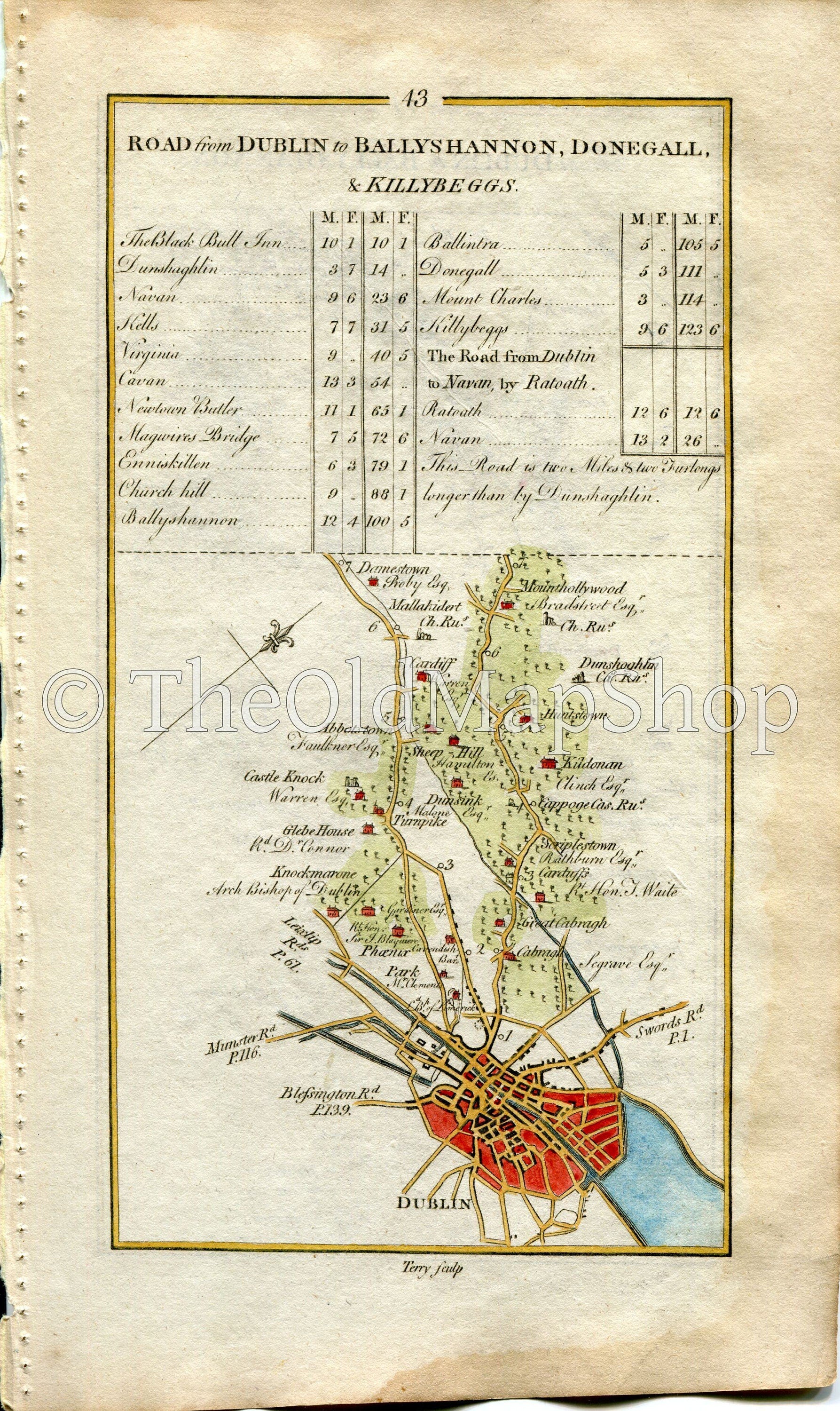 1778 Taylor & Skinner Antique Ireland Road Map 43/44 Mulhuddart Dublin Dunboyne Dunshaughlin Ratoath Dunsany Hill of Tara County Meath