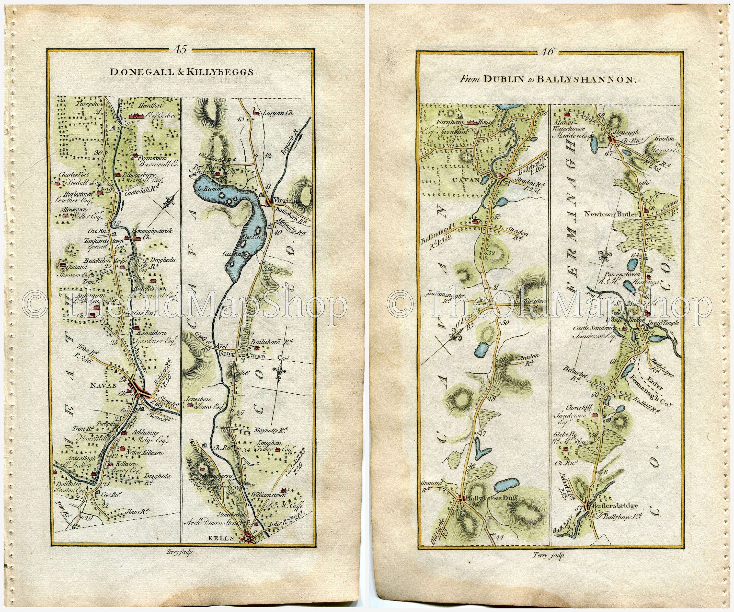 1778 Taylor & Skinner Antique Ireland Road Map 45/46 Navan Ardsallagh Kells Virginia Lough Ramor Ballyjamesduff Butlers Bridge Newtownbutler