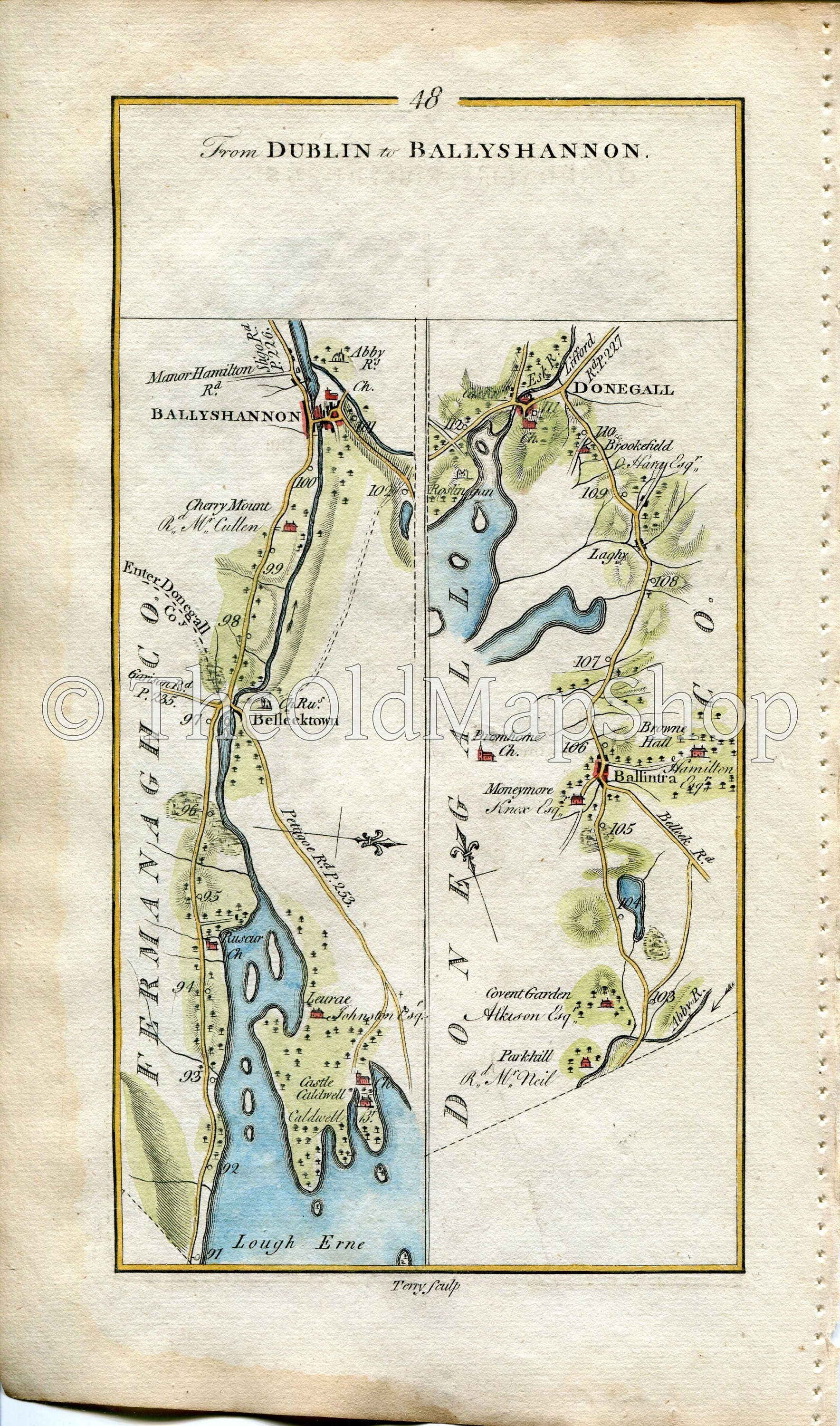 1778 Taylor & Skinner Antique Ireland Road Map 47/48 Lisnaske Maguiresbridge Lisbellaw Enniskillen Churchill Rosscor Ballyshannon Ballintra