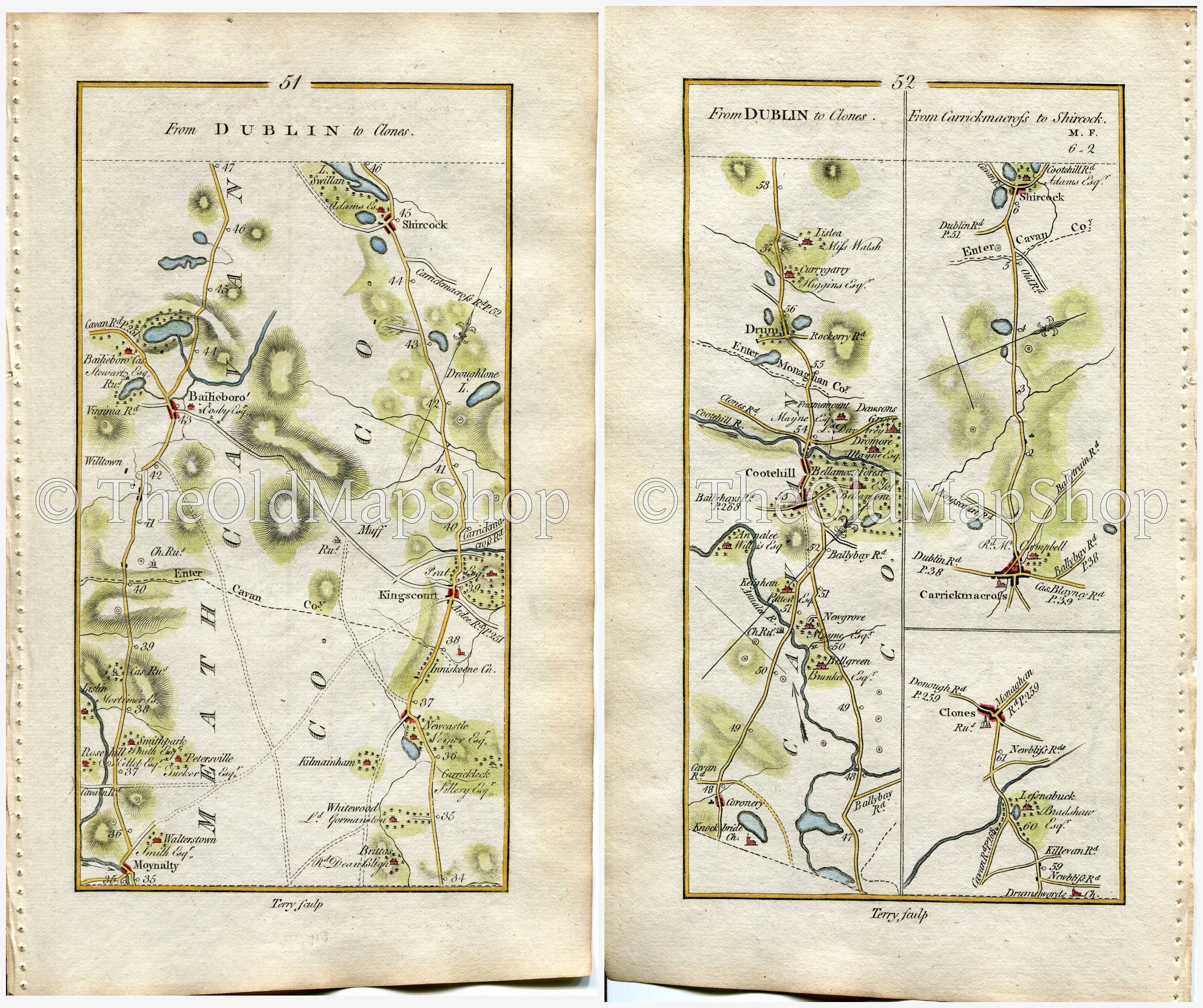 1778 Taylor & Skinner Antique Ireland Road Map 51/52 Moynalty Bailieborough Kingscourt Shercock Drum Clones Carrickmacross Monaghan Meath
