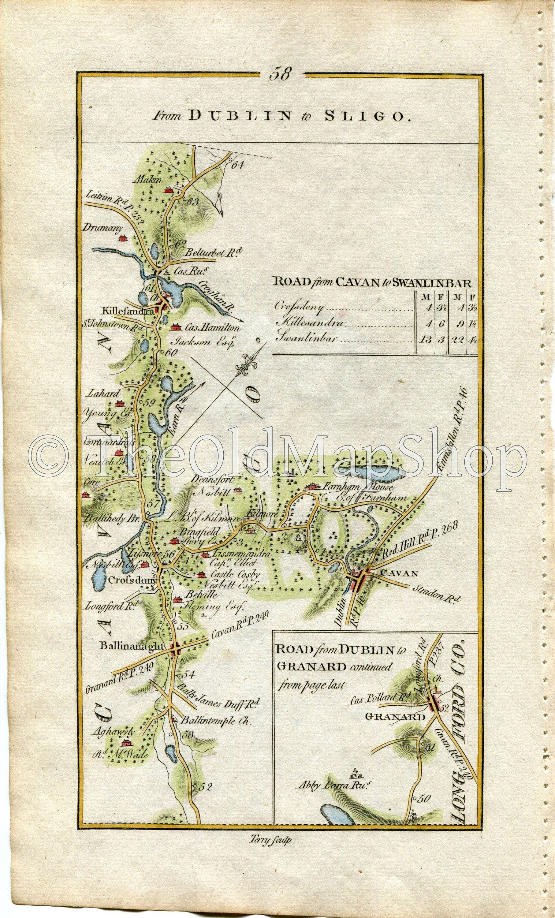 1778 Taylor & Skinner Antique Ireland Road Map 57/58 Oldcastle Mount Nugent Finnea Ballinagh Crossdoney Castlehamilton Killashandra Granard
