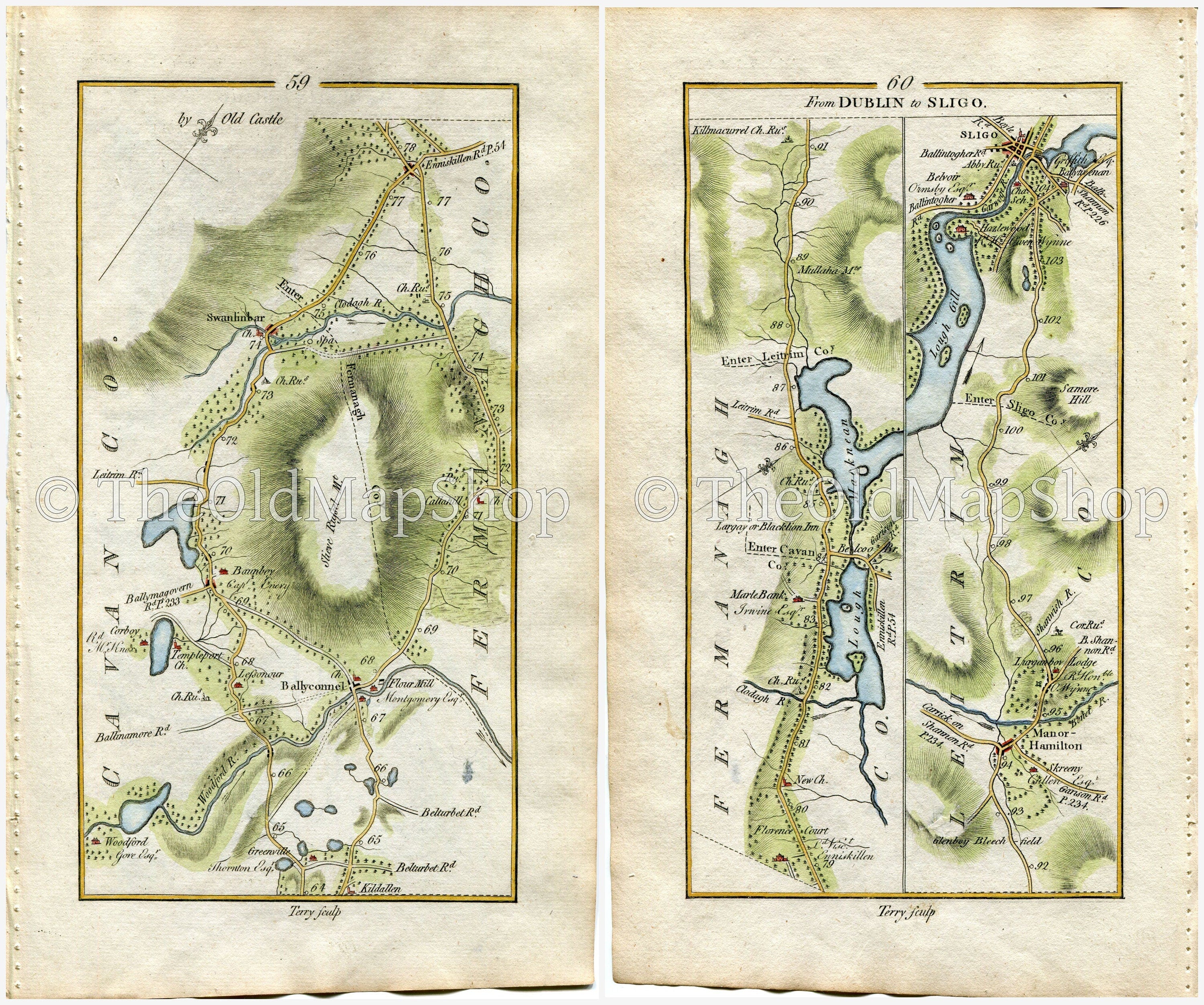 1778 Taylor & Skinner Antique Ireland Road Map 59/60 Ballyconnell Bawnboy Swanlinbar Lough Macnean Blacklion Belcoo Manorhamilton Lurganboy