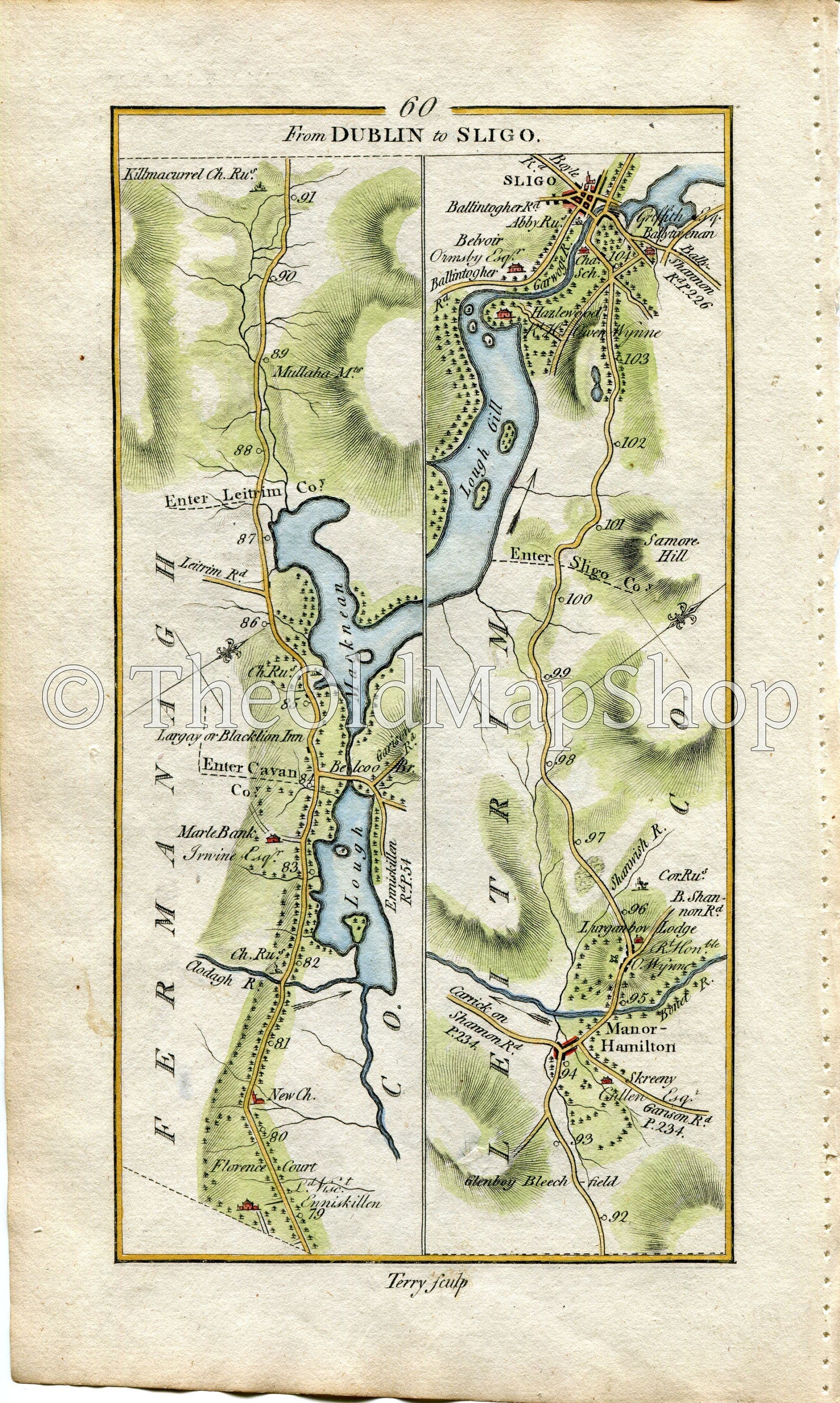 1778 Taylor & Skinner Antique Ireland Road Map 59/60 Ballyconnell Bawnboy Swanlinbar Lough Macnean Blacklion Belcoo Manorhamilton Lurganboy