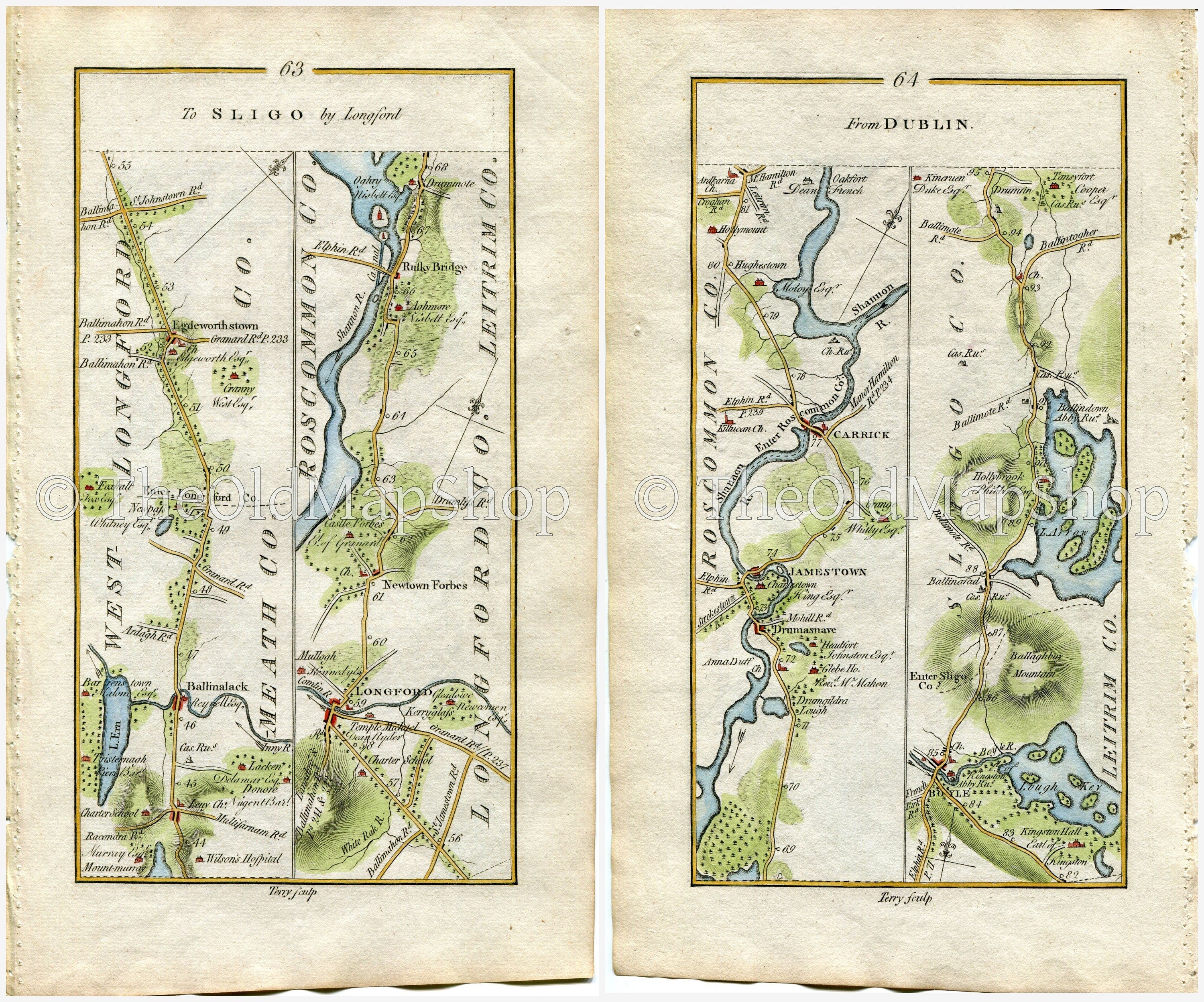 1778 Taylor & Skinner Antique Ireland Road Map 63/64 Edgeworthstown Ballinalack Longford Aghnamona Jamestown Carrick-On-Shannon Ballinafad