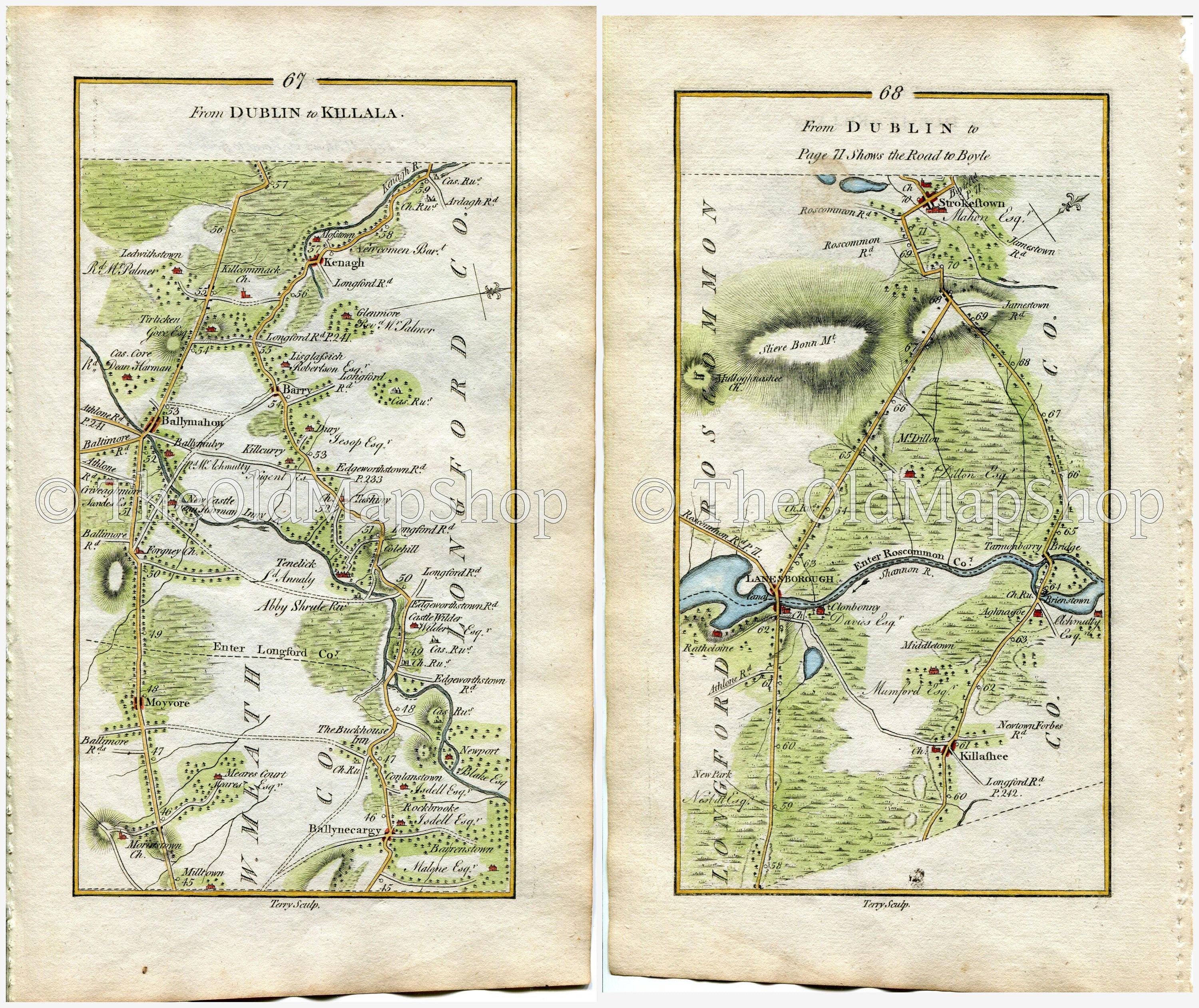1778 Taylor & Skinner Antique Ireland Road Map 67/68 Ballymahon Moyvore Mearscourt Ballynacarrigy Keenagh Colehill Lanesborough Strokestown