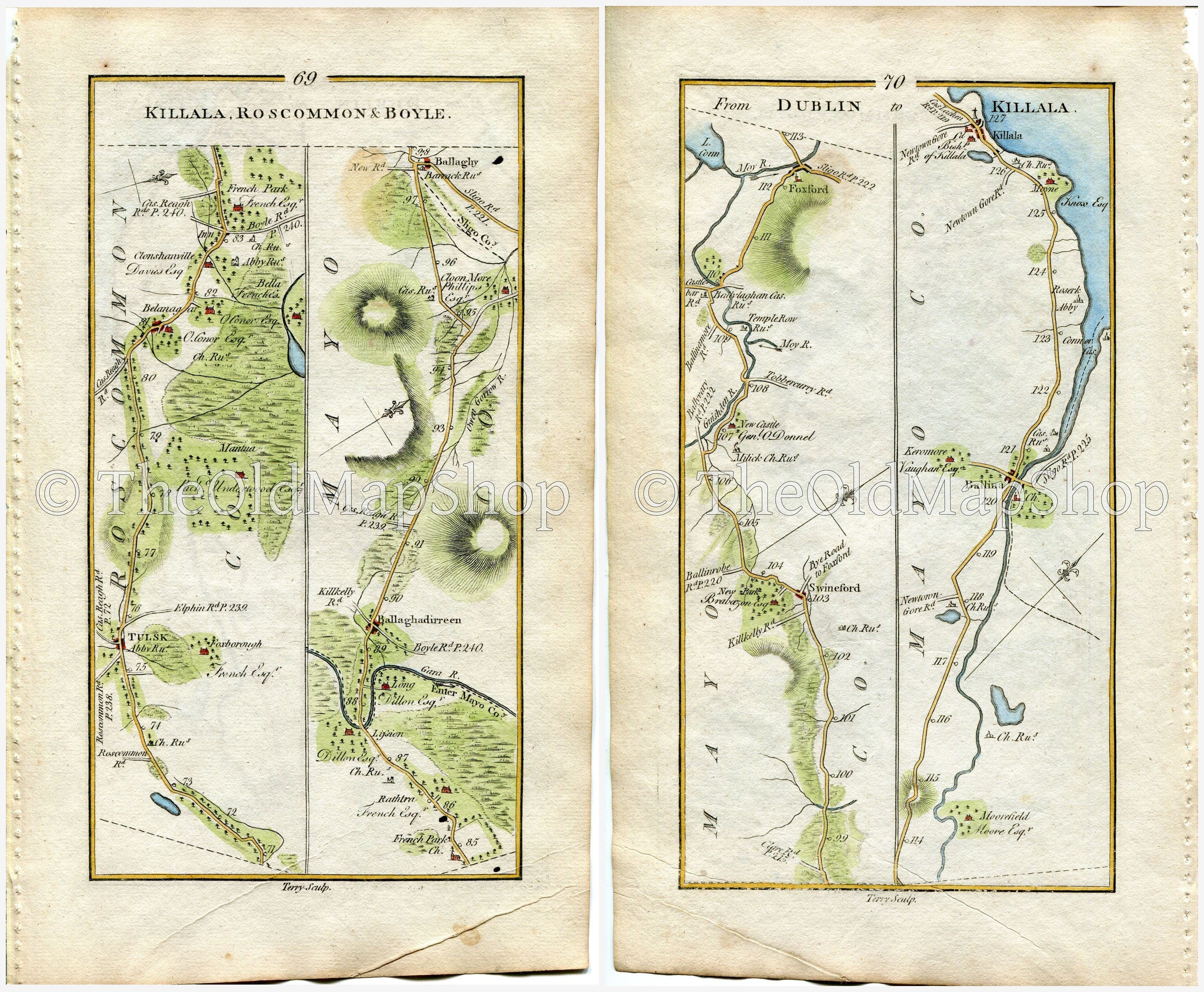 1778 Taylor & Skinner Antique Ireland Road Map 69/70 Bellanagare Tulsk Frenchpark Ballaghaderreen Bellaghy Swinford Foxford Ballina Killala