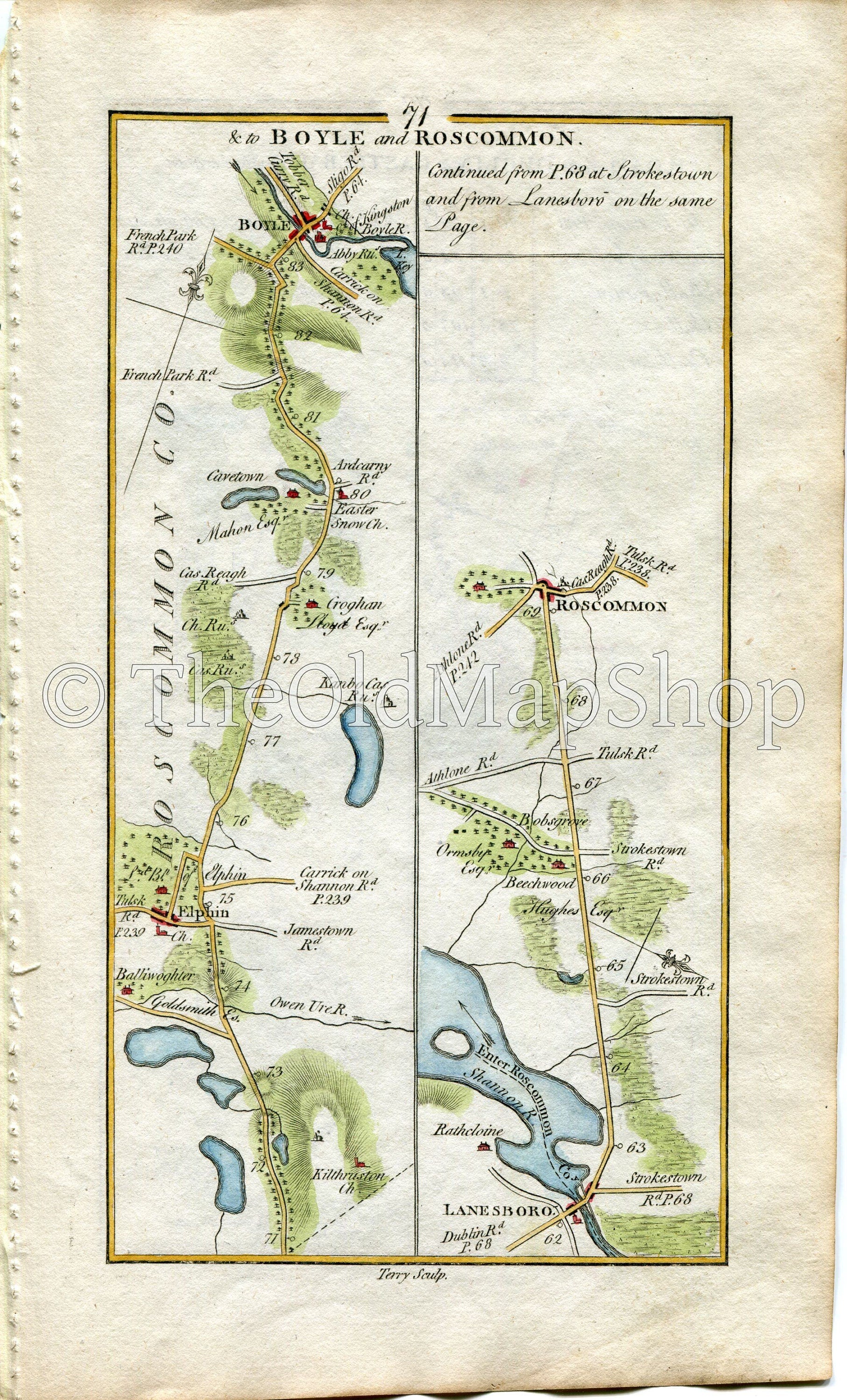 1778 Taylor & Skinner Antique Ireland Road Map 71/72 Elphin Boyle Lanesborough Strokestown Tulsk Castleplunket Castlerea Roscommon