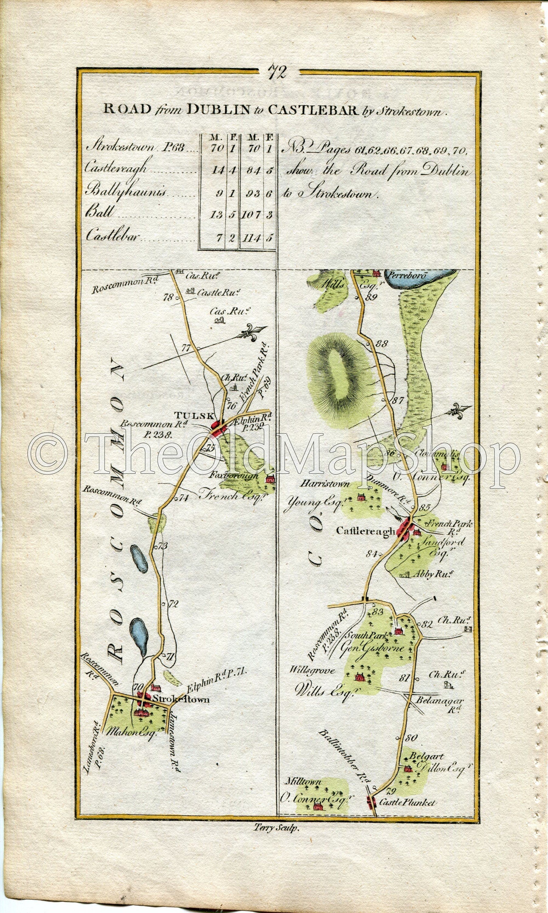 1778 Taylor & Skinner Antique Ireland Road Map 71/72 Elphin Boyle Lanesborough Strokestown Tulsk Castleplunket Castlerea Roscommon