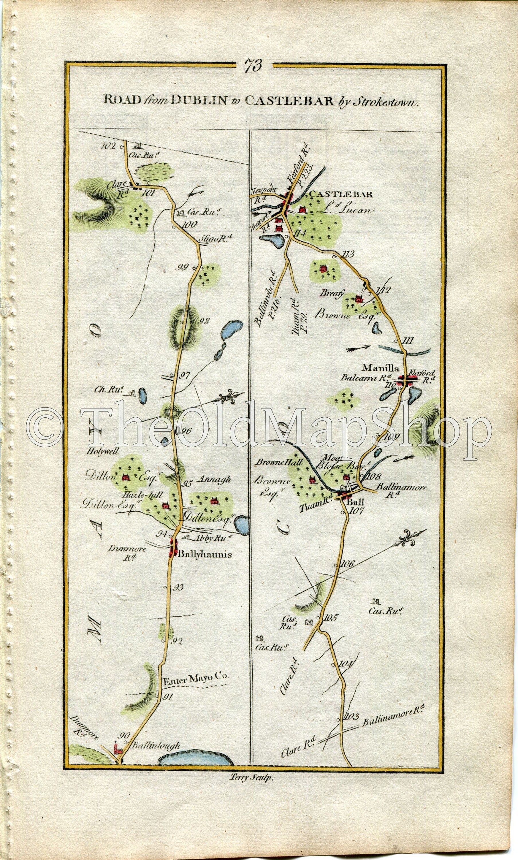 1778 Taylor & Skinner Antique Ireland Road Map 73/74 Manulla Ballyhaunis Castlebar Kinnegad Rochfortbridge Tyrrellspass Kilbeggan Horseleap