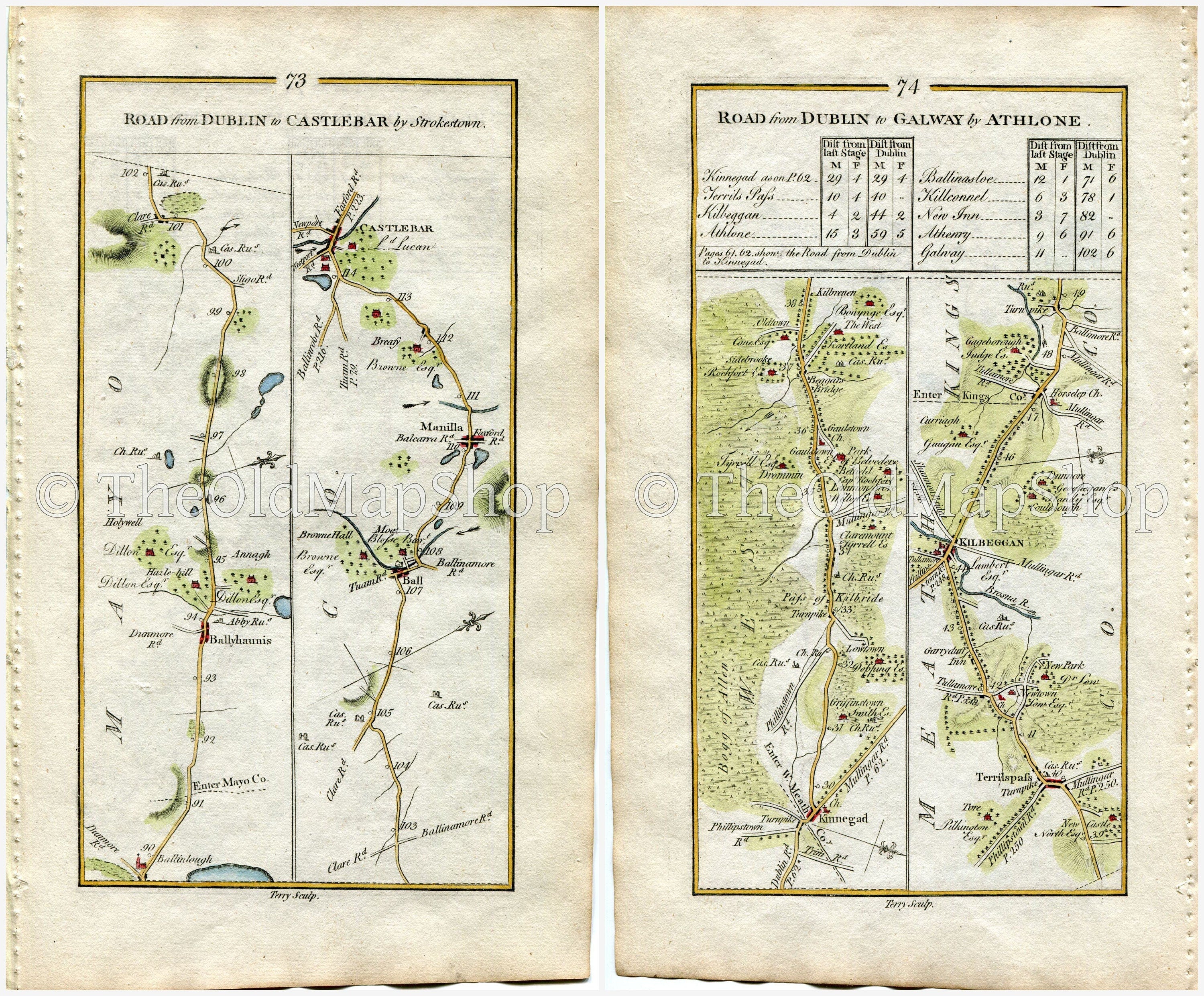 1778 Taylor & Skinner Antique Ireland Road Map 73/74 Manulla Ballyhaunis Castlebar Kinnegad Rochfortbridge Tyrrellspass Kilbeggan Horseleap
