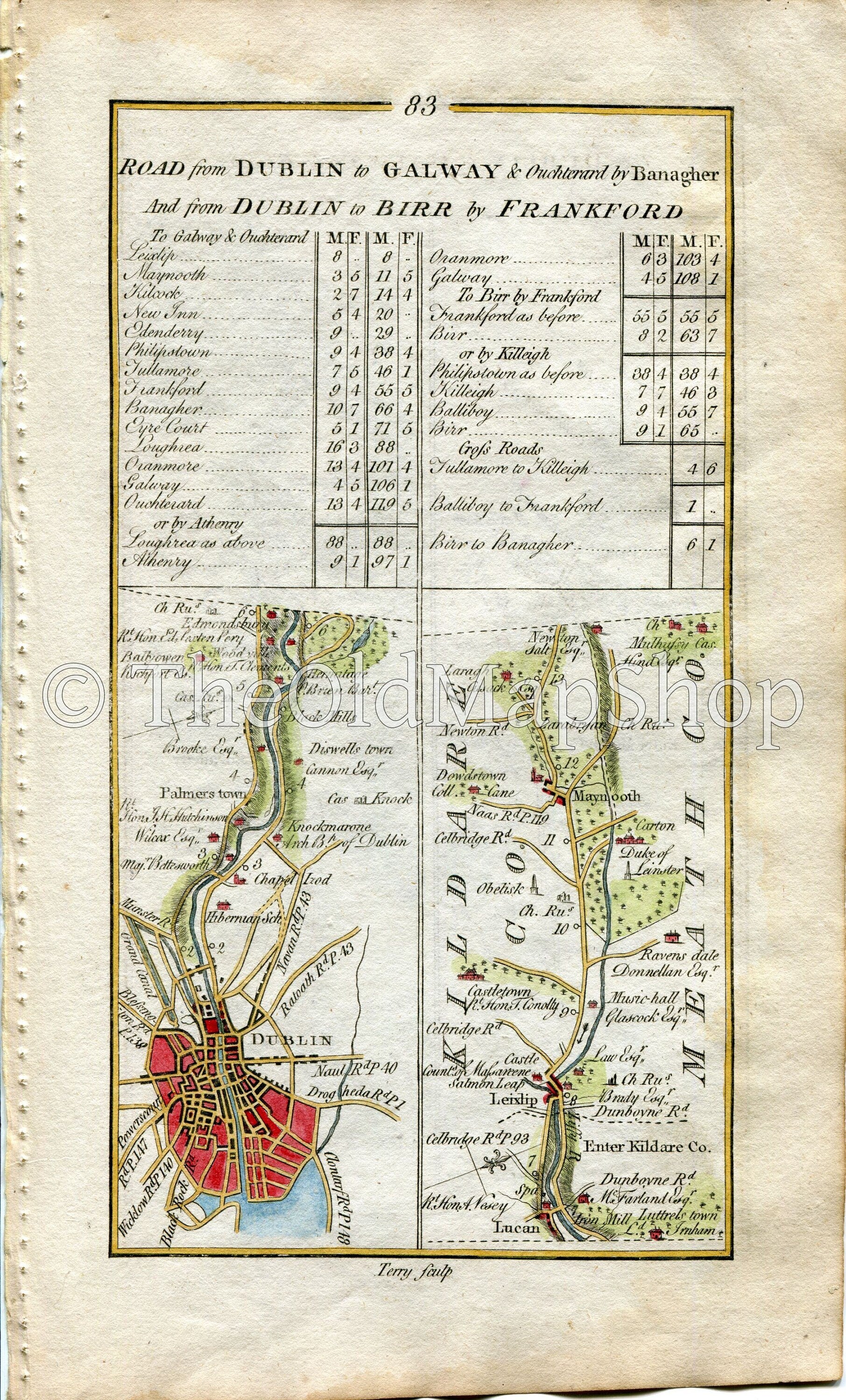 1778 Taylor & Skinner Ireland Road Map Antique 83/84 Palmerstown Dublin Lucan Maynooth Kilcock Cloncurry Johnstown Bridge Carbury Edenderry