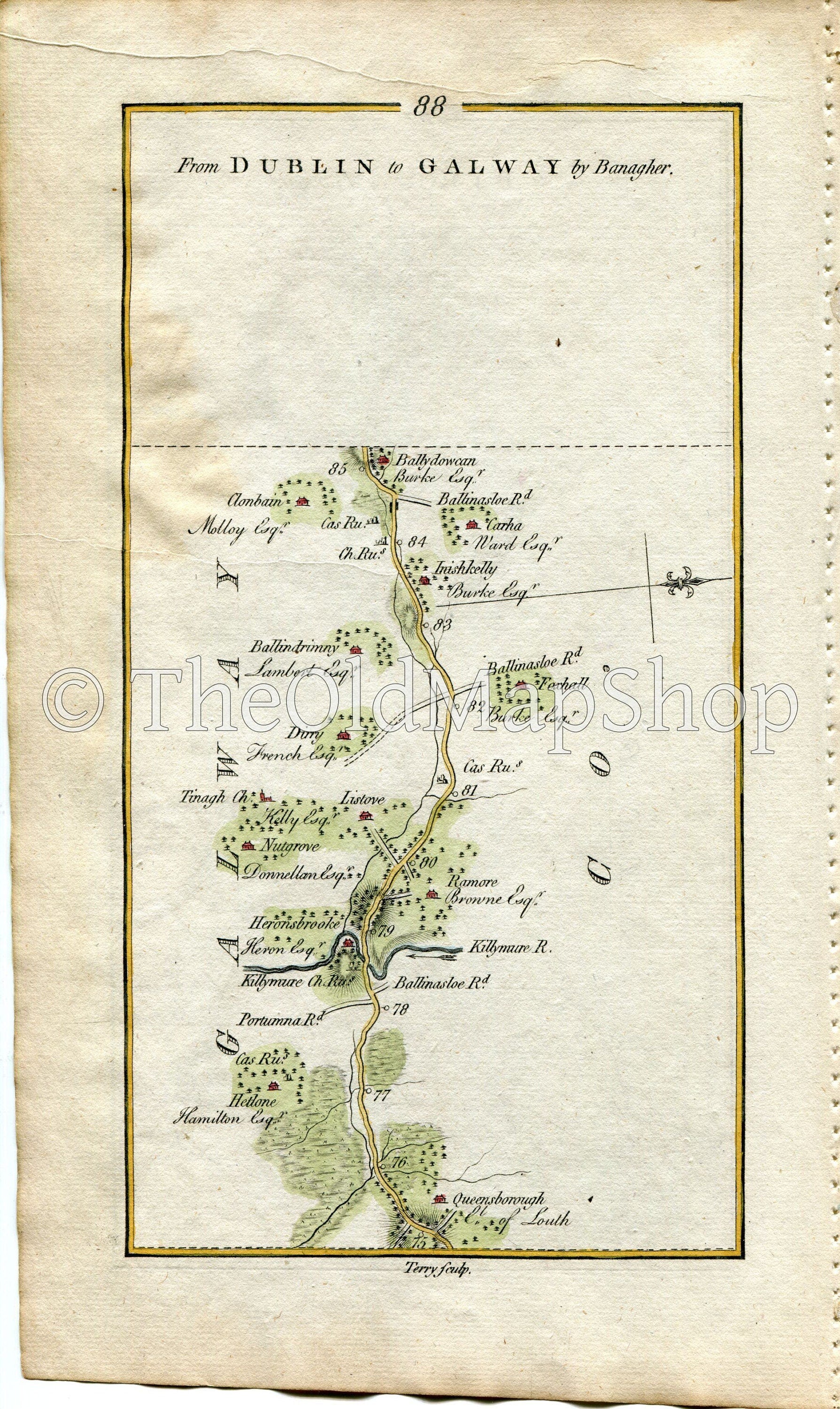 1778 Taylor & Skinner Antique Ireland Road Map 87/88 Banagher Birr Kilnaborris Eyrecourt Killmor Hearnsbrook Ramore, County Galway, Offaly