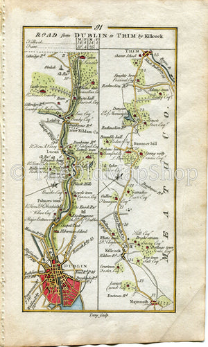 1778 Taylor & Skinner Antique Ireland Road Map 91/92 Dublin Lucan Leixlip Maynooth Kilcock Summerhill Trim Loughrea Tubber Crusheen Ennis