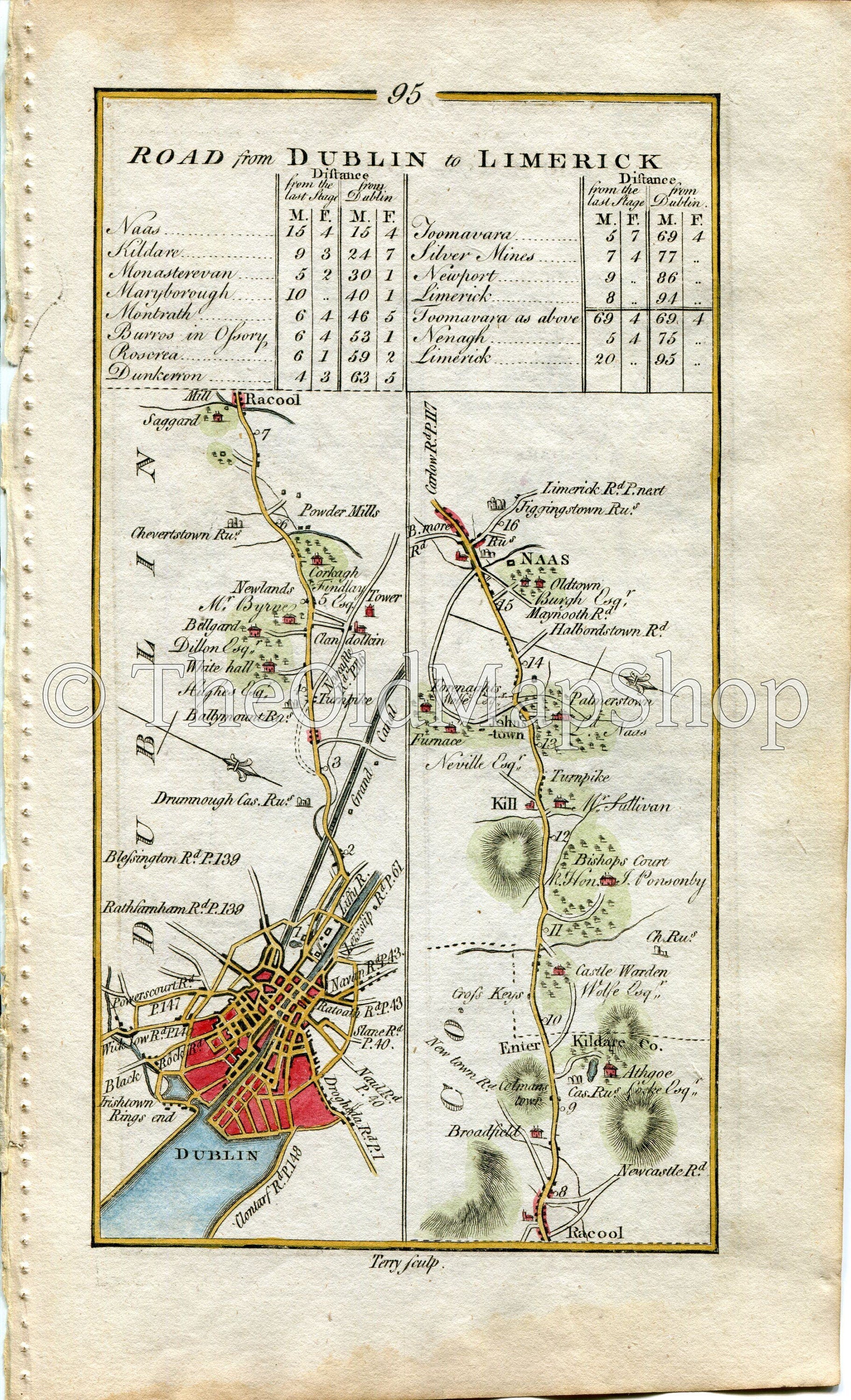 1778 Taylor & Skinner Antique Ireland Road Map 95/96 Rathcoole Dublin Broadfield Manor Kill Johnstown Naas Newbridge Kildare Monasterevin