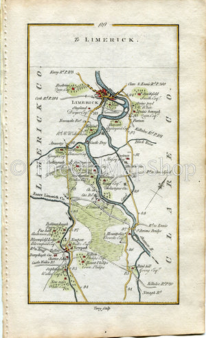 1778 Taylor & Skinner Antique Ireland Road Map 99/100 Castleconnell Newport Castletroy Annacotty Nenagh Killaloe Tipperary Limerick Clare