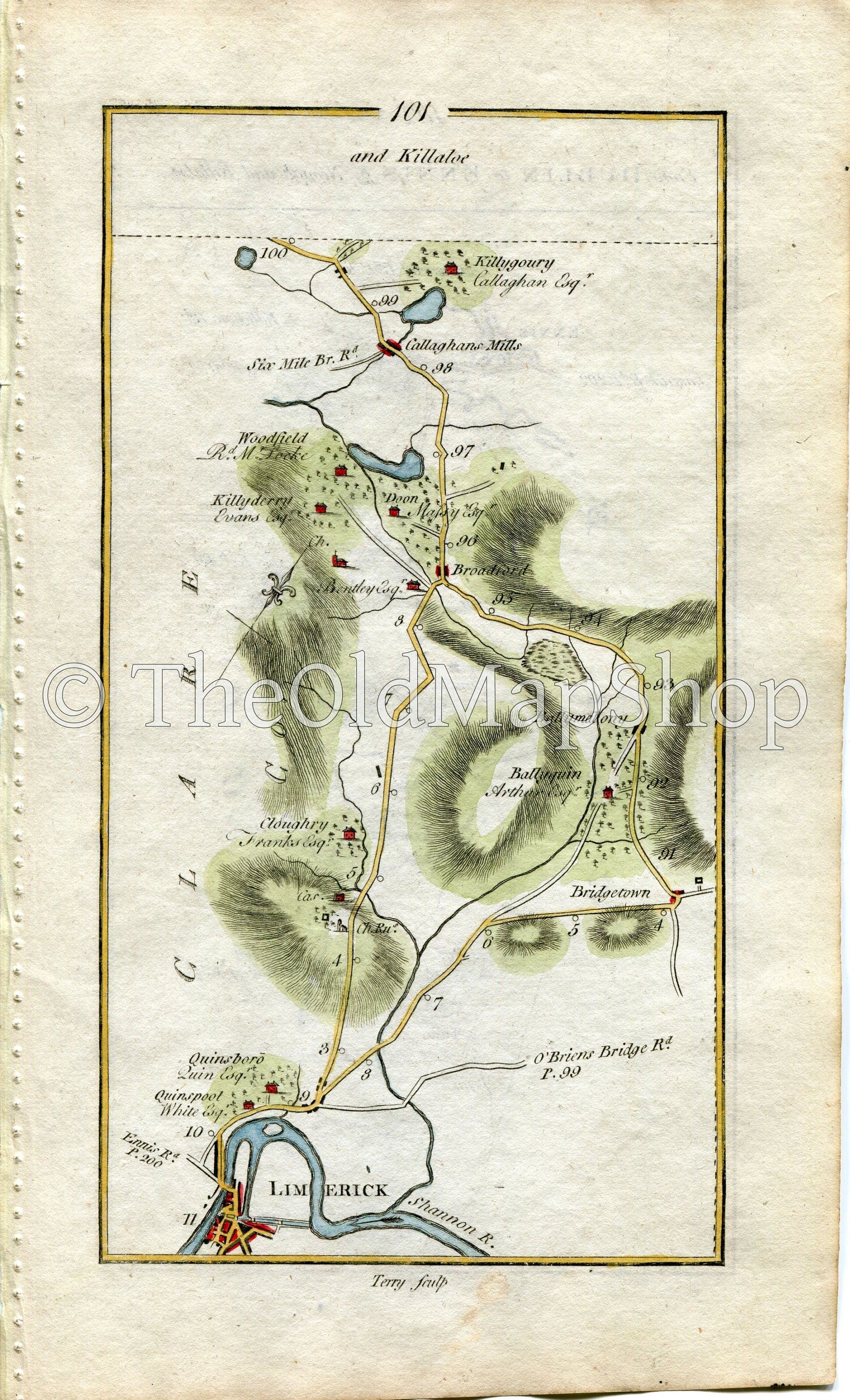 1778 Taylor & Skinner Antique Ireland Road Map 101/102 Limerick Bridgetown Broadford O'Callaghansmills Tulla Spancihill Ennis Clare