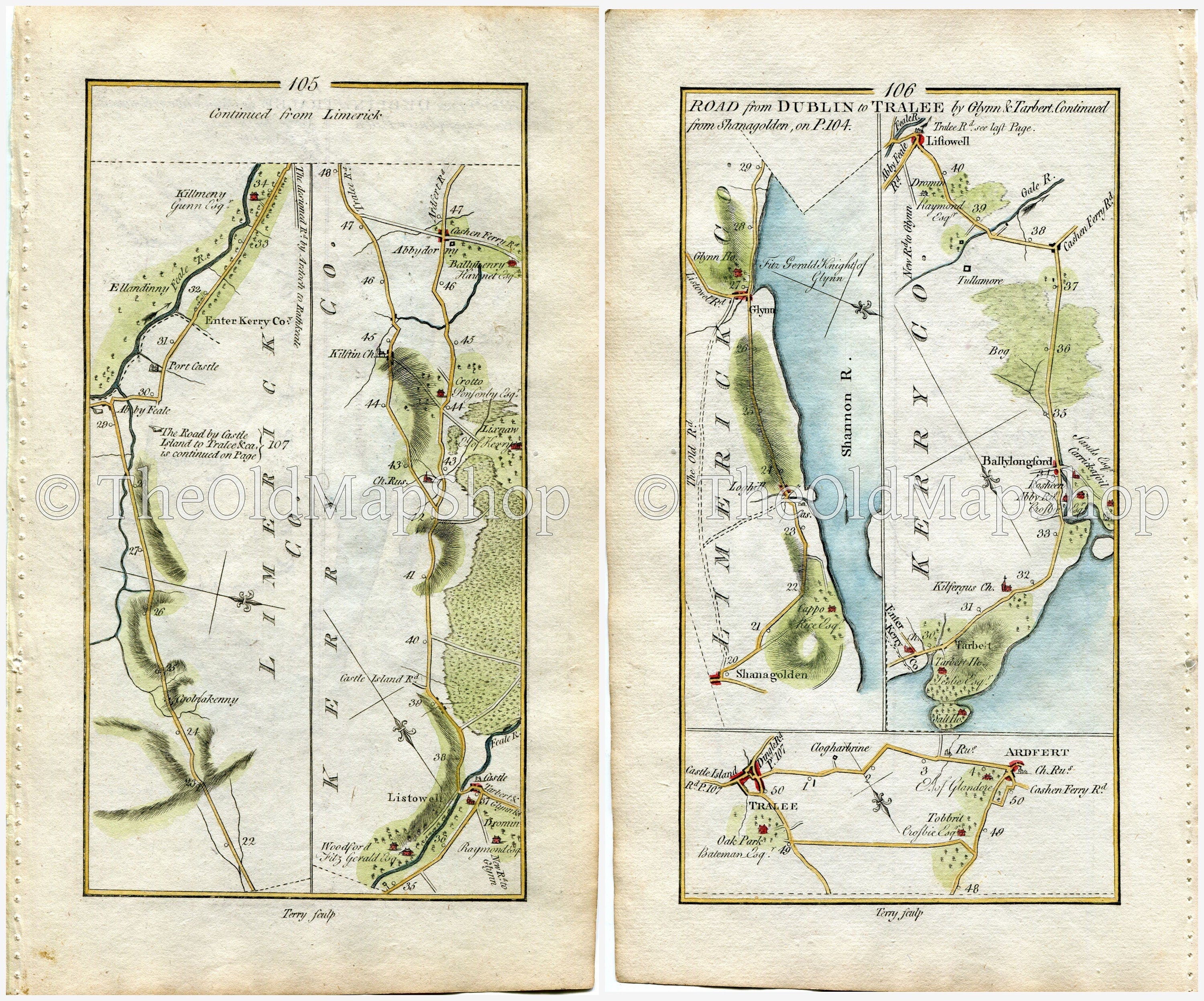 1778 Taylor & Skinner Antique Ireland Road Map 105/106 Coolnakenny Abbeyfeale Kilmorna Drumquin Listowel Lixnaw Kilflynn Abbeydorney Tralee