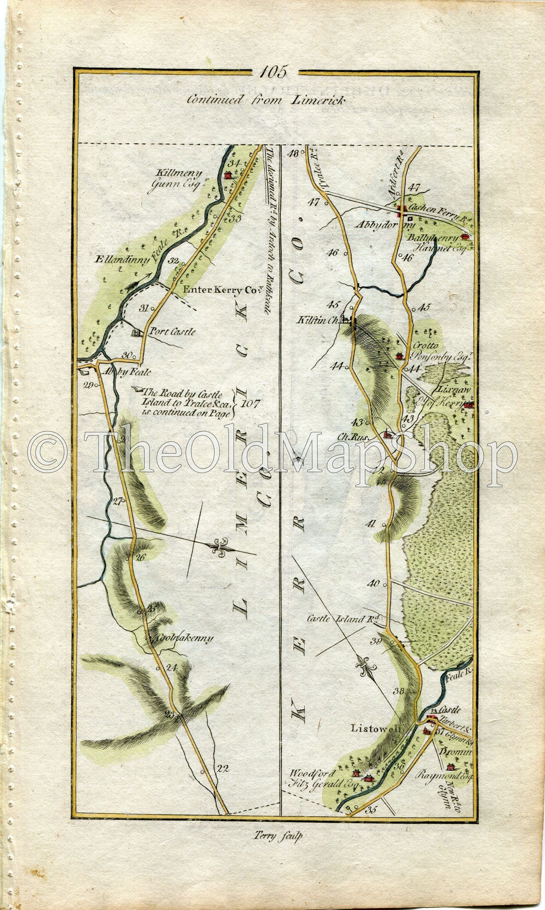 1778 Taylor & Skinner Antique Ireland Road Map 105/106 Coolnakenny Abbeyfeale Kilmorna Drumquin Listowel Lixnaw Kilflynn Abbeydorney Tralee