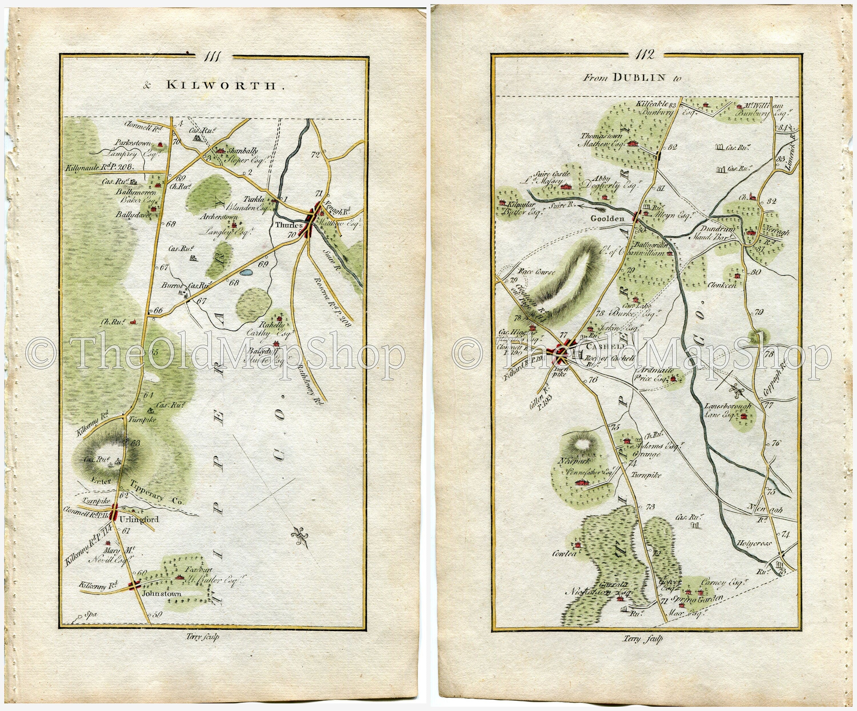 1778 Taylor & Skinner Antique Ireland Road Map 111/112 Johnstown Urlingford Thurles Holycross Cashel Ardmayle Kilfeacle Tipperary Kilkenny