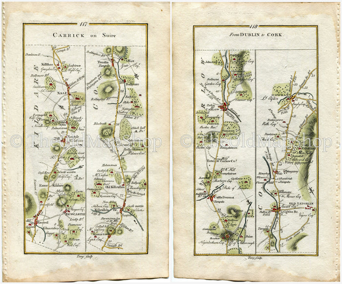 1778 Taylor & Skinner Antique Ireland Road Map 117/118 Newcastle Kill Johnstown Rathcoole Naas Killashee Kilcullen Moone Castledermot Carlow
