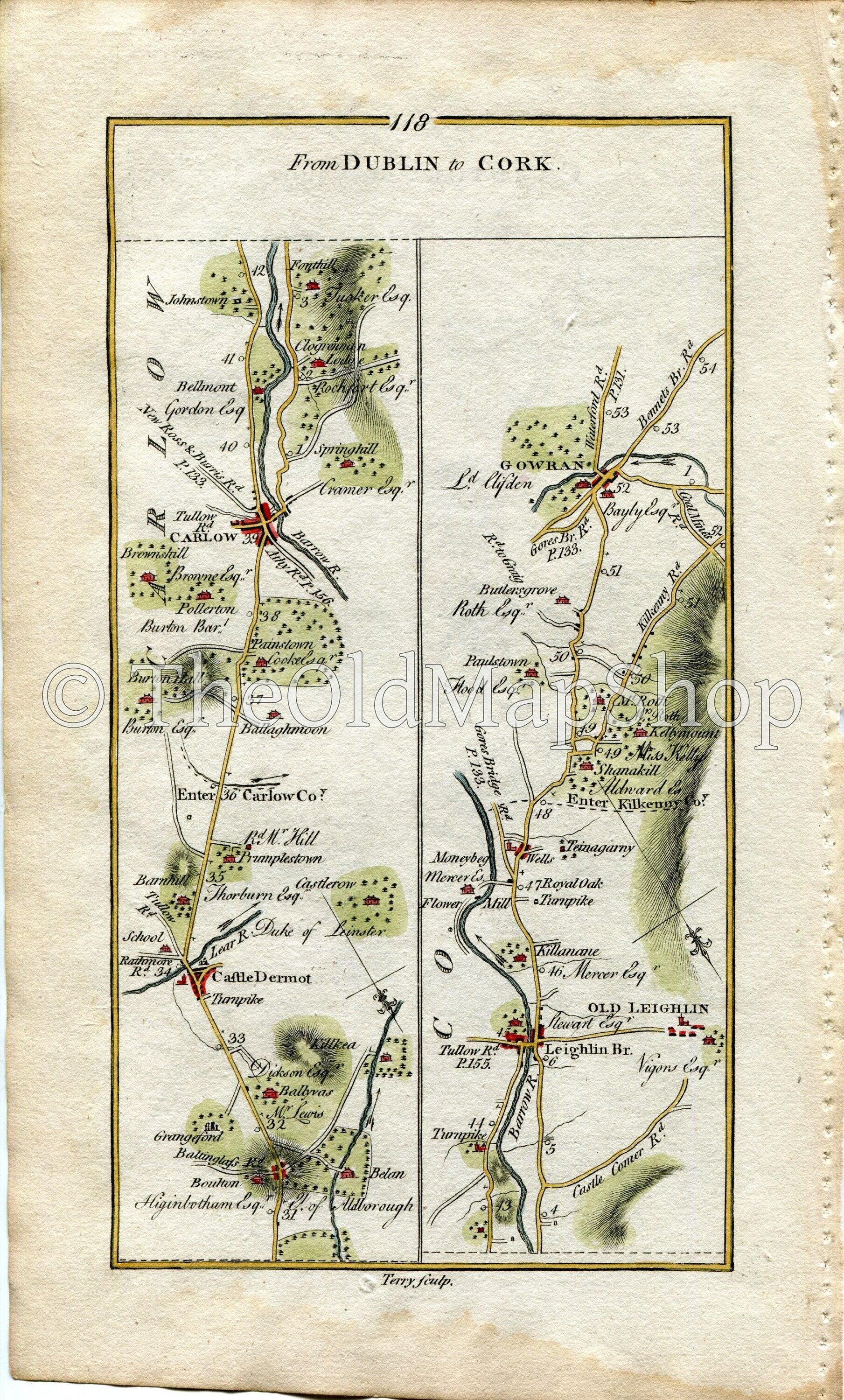 1778 Taylor & Skinner Antique Ireland Road Map 117/118 Newcastle Kill Johnstown Rathcoole Naas Killashee Kilcullen Moone Castledermot Carlow