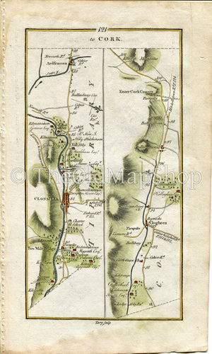 1778 Taylor & Skinner Antique Ireland Road Map 121/122 Ballyboy Clonmel Clogheen Ballyporeen Fermoy Rathcormac Glanmire Cork Tipperary