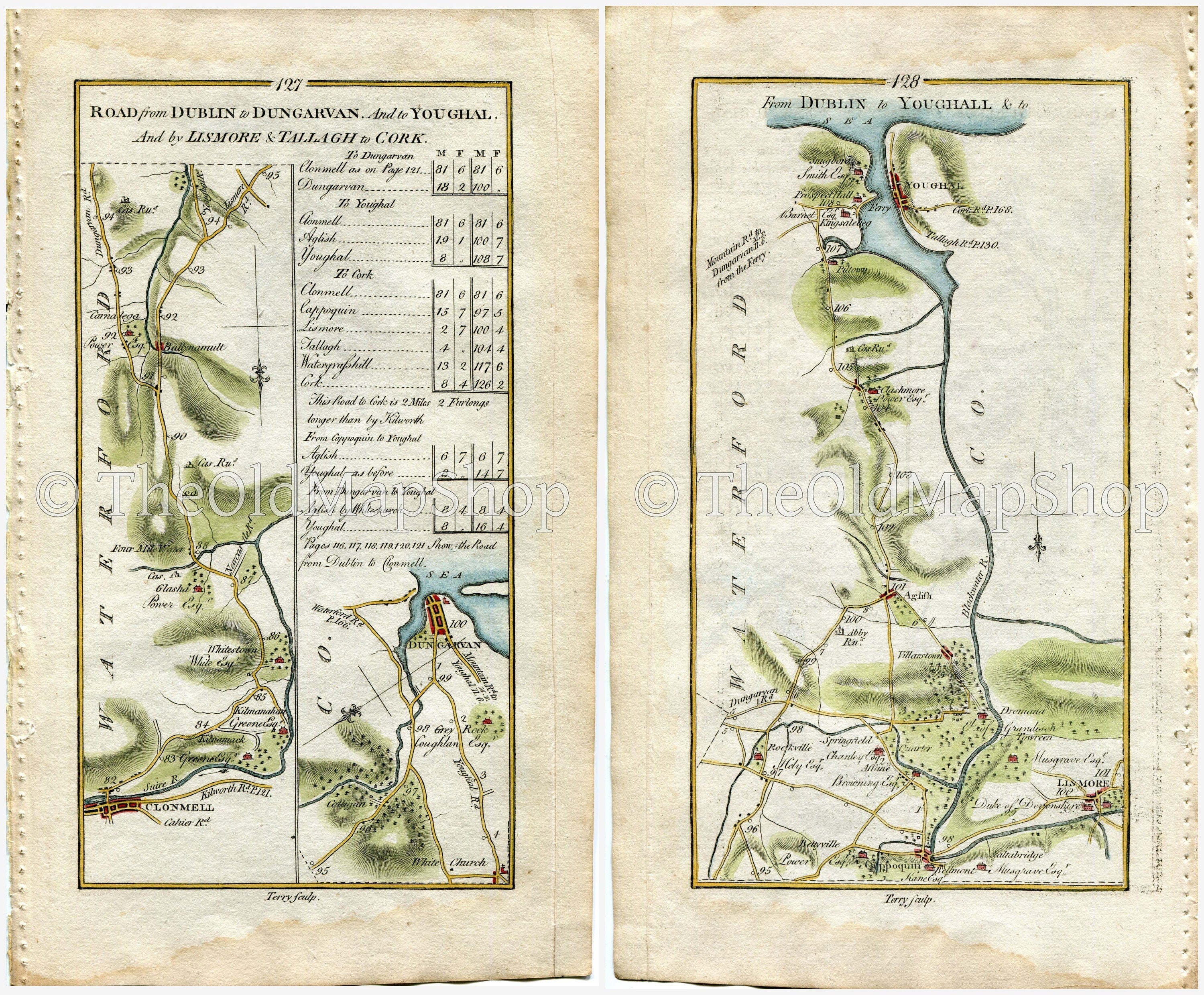 1778 Taylor & Skinner Antique Ireland Road Map 127/128 Clonmel Ballynamult Dungarvan Lismore Cappoquin Aglish Clashmore Youghal Waterford