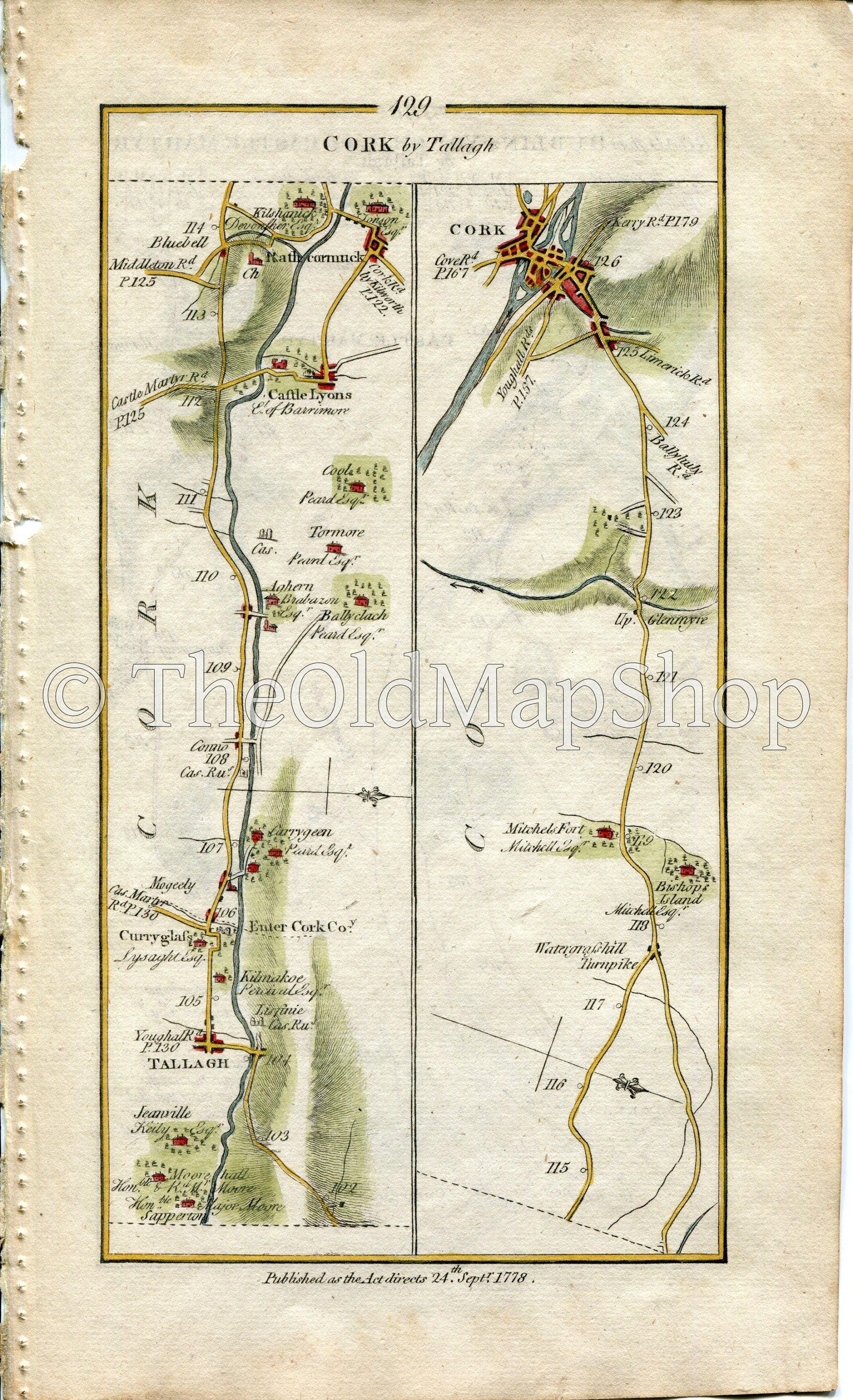 1778 Taylor & Skinner Antique Ireland Road Map 129/130 Tallow Curraglass Aghern Castlelyons Rathcormac Watergrasshill Youghal Waterford Cork