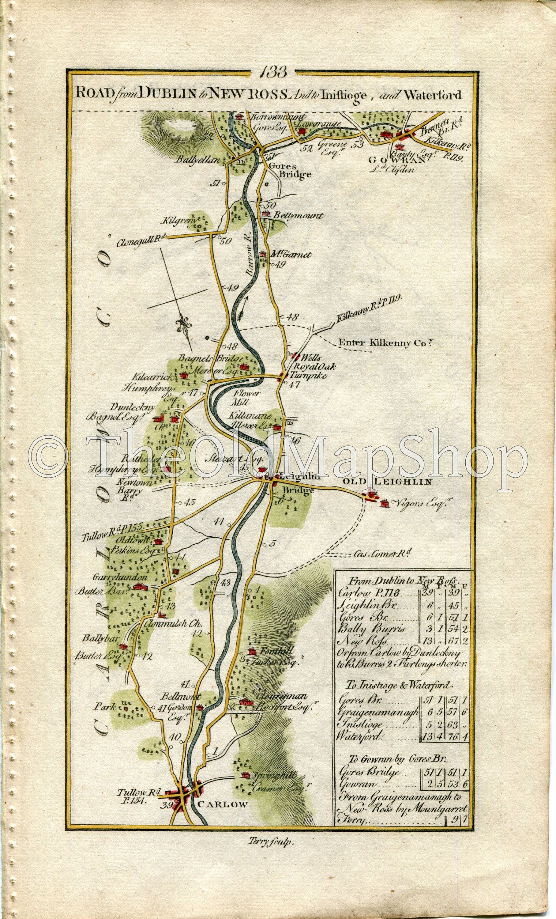 1778 Taylor & Skinner Antique Ireland Road Map 133/134 Leighlinbridge Oldleighlin Royaloak Borris Dunleckney Gowran Carlow Kilkenny Wexford