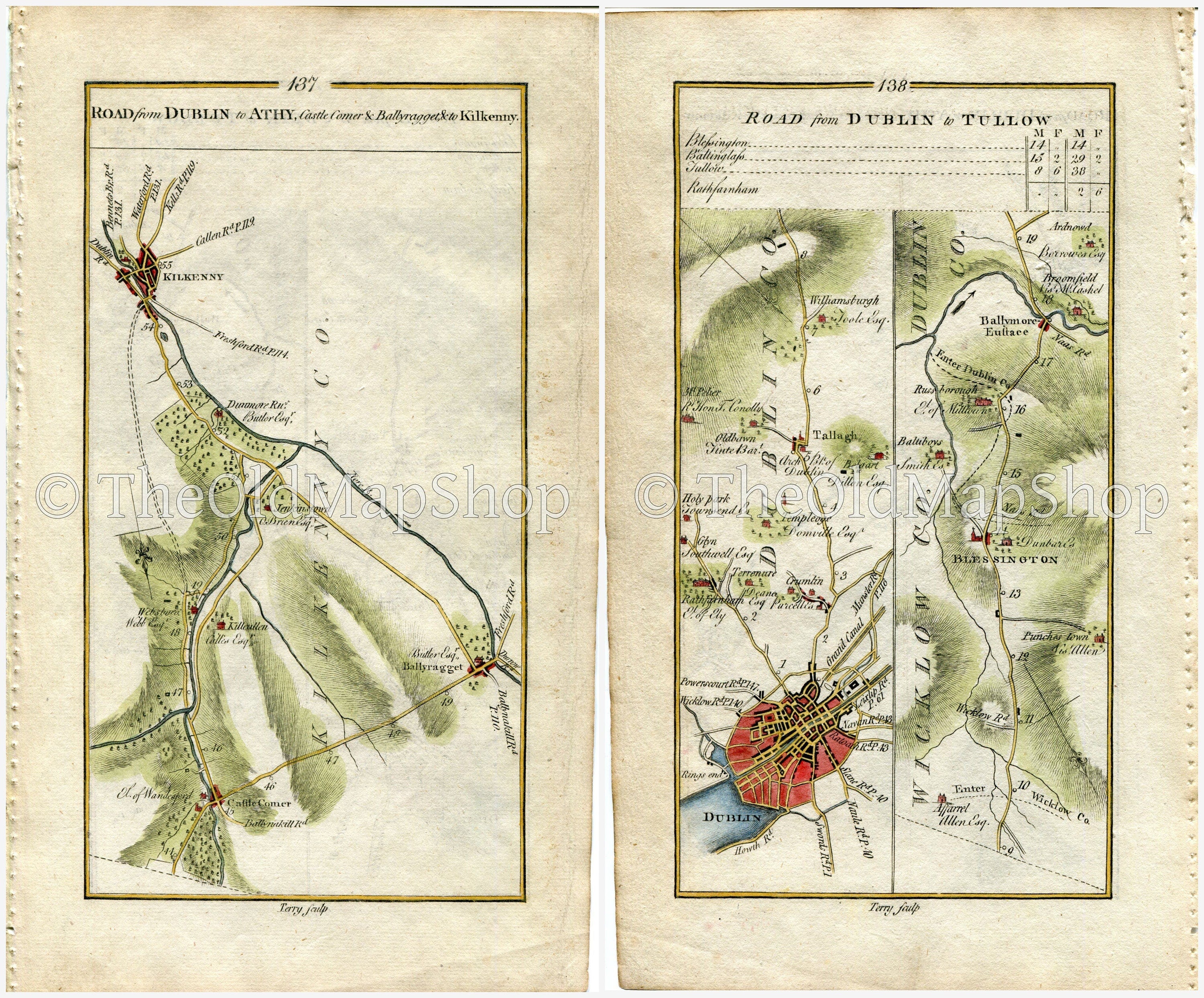 1778 Taylor & Skinner Antique Ireland Road Map 137/138 Castlecorner Ballyragget Dublin Terenure Blessington Russborough Wicklow Kilkenny
