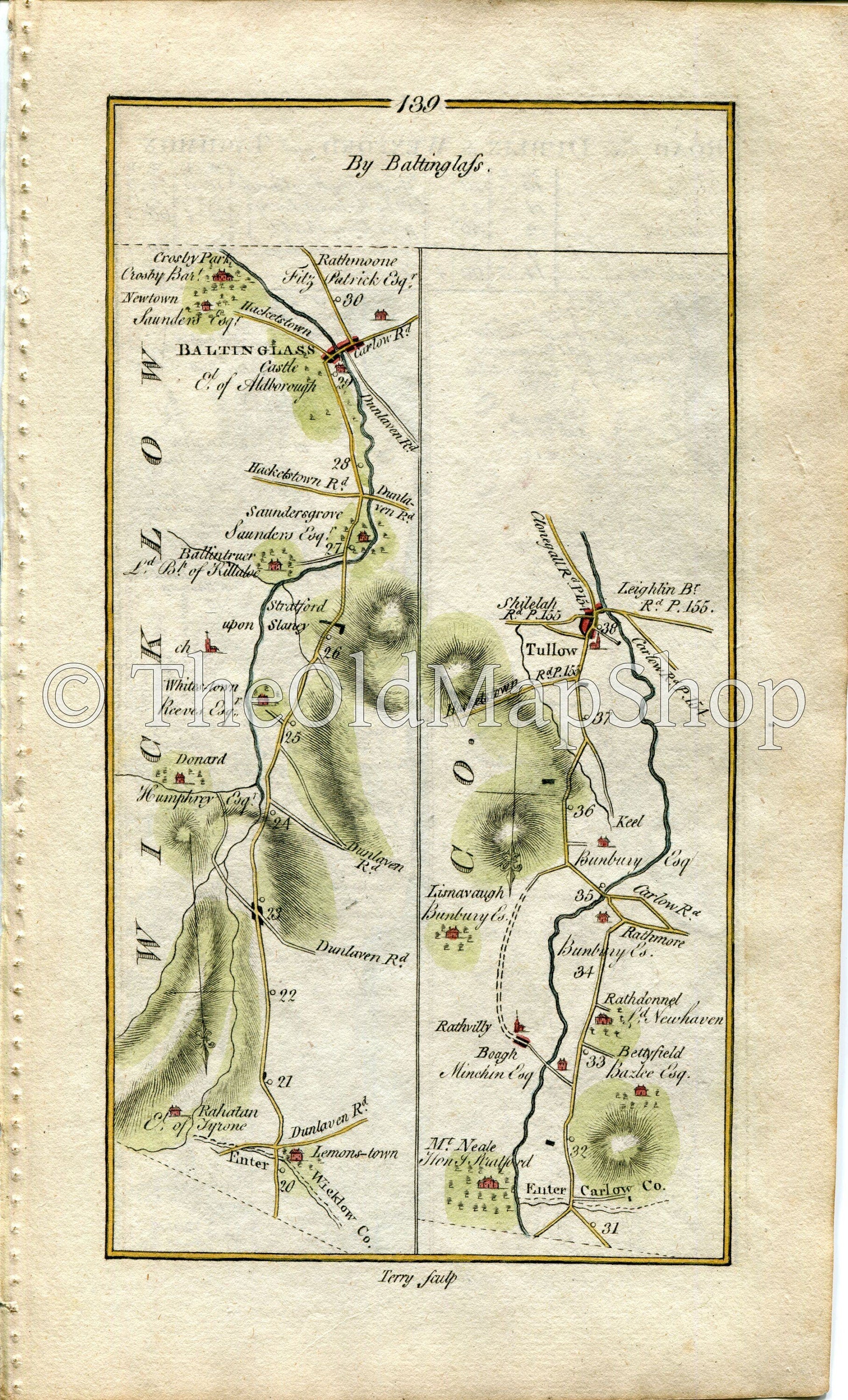 1778 Taylor & Skinner Antique Ireland Road Map 139/140 Baltinglass Tullow Dublin Donnybrook Shankill Bray Delgany Kilcoole Newcastle Wicklow