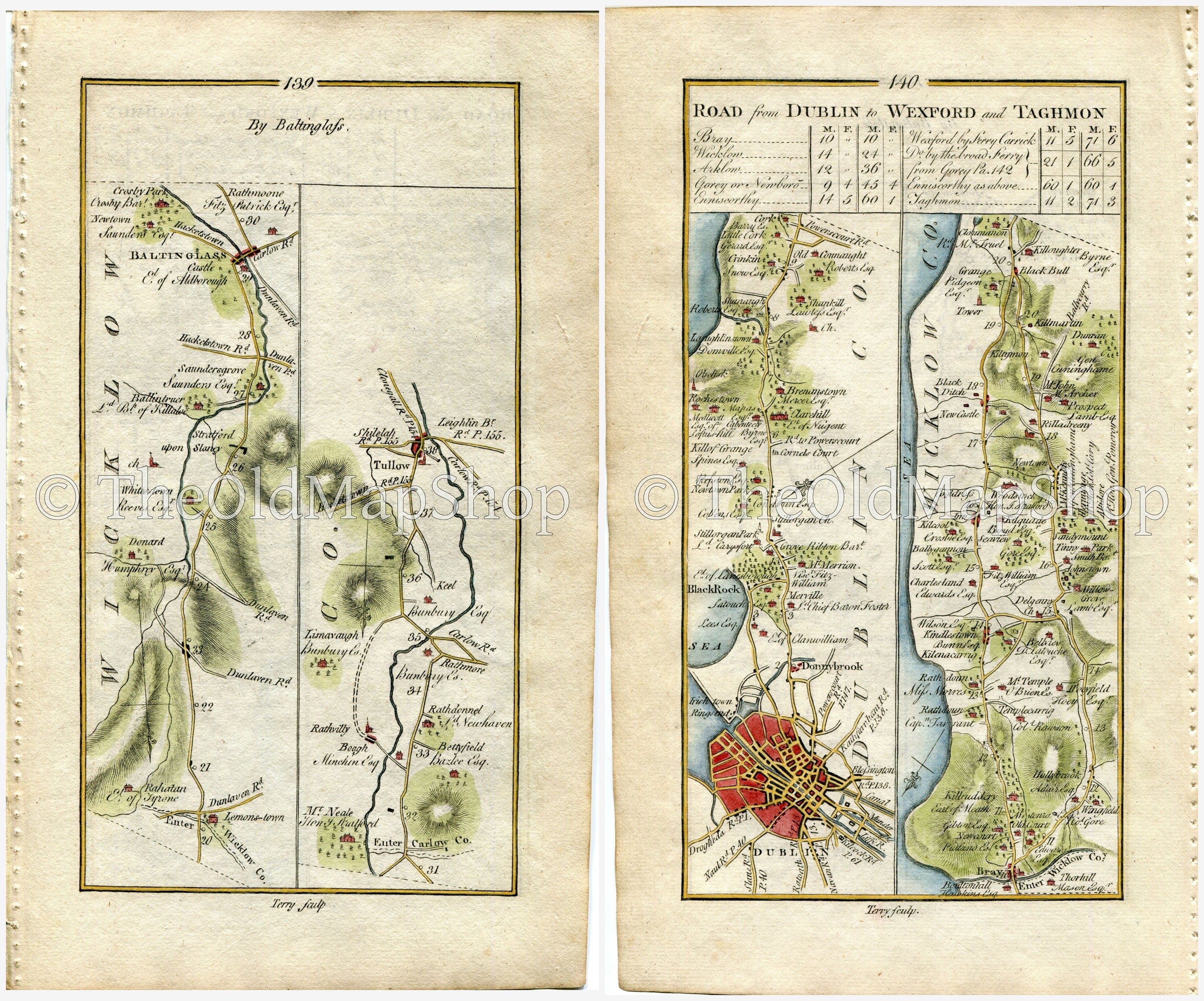 1778 Taylor & Skinner Antique Ireland Road Map 139/140 Baltinglass Tullow Dublin Donnybrook Shankill Bray Delgany Kilcoole Newcastle Wicklow