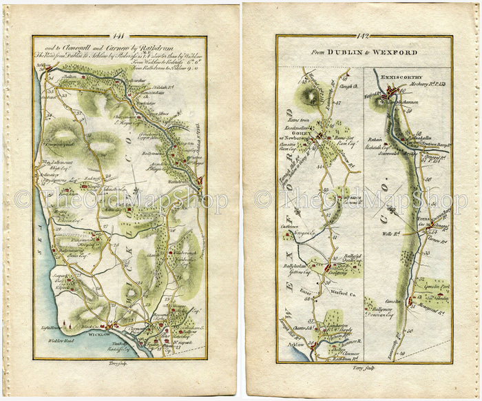 1778 Taylor & Skinner Antique Ireland Road Map 141/142 Glenealy Rathdrum Arklow Ardanary Kilpoole Camolin Ferns Enniscorthy Wexford Wicklow
