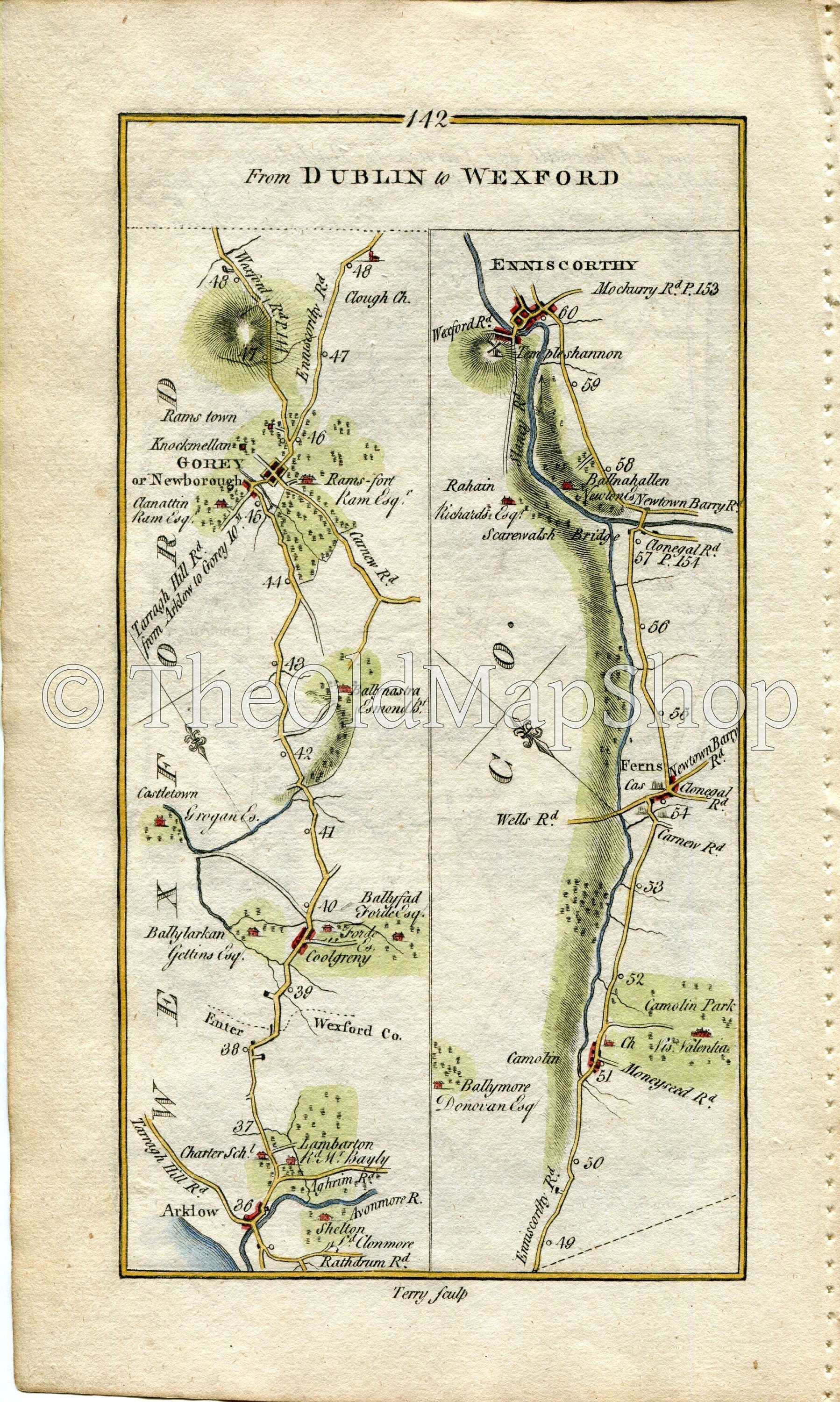 1778 Taylor & Skinner Antique Ireland Road Map 141/142 Glenealy Rathdrum Arklow Ardanary Kilpoole Camolin Ferns Enniscorthy Wexford Wicklow