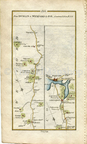 1778 Taylor & Skinner Antique Ireland Road Map 143/144 Enniscorthy Macmine Ballyharran Taghmon Castlebridge Castlellis Ballyrea Wexford