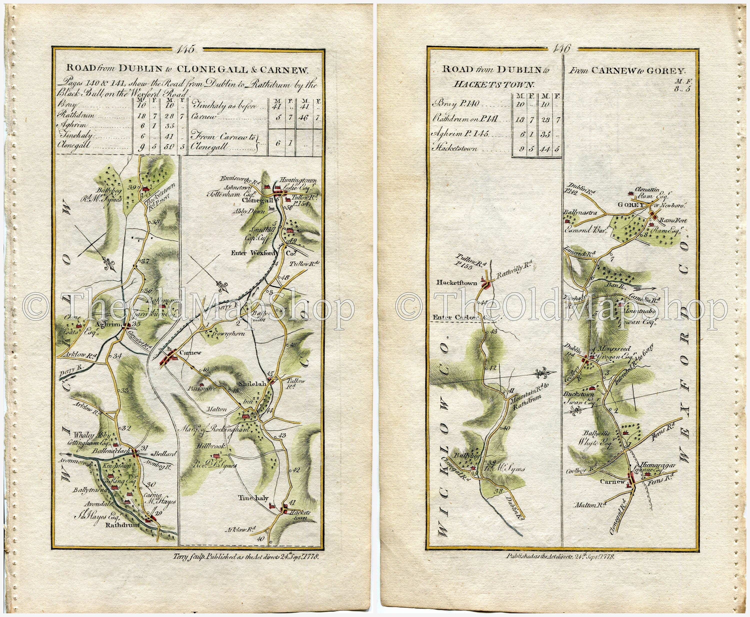 1778 Taylor & Skinner Antique Ireland Road Map 145/146 Aughrim Rathdrum Ballybeg Tinahely Shillelagh Ballybeg Carnew Gorey Wicklow Wexford