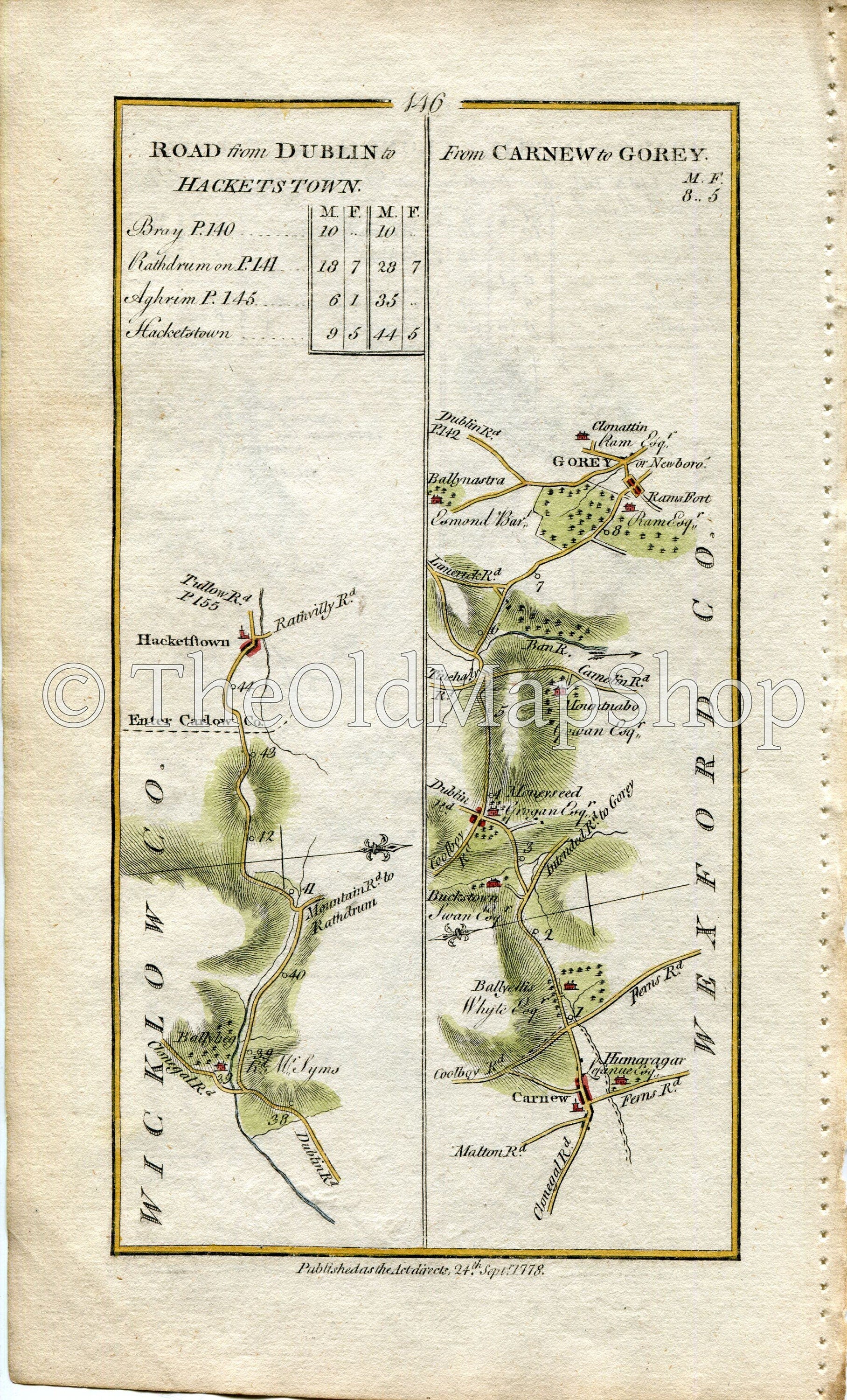 1778 Taylor & Skinner Antique Ireland Road Map 145/146 Aughrim Rathdrum Ballybeg Tinahely Shillelagh Ballybeg Carnew Gorey Wicklow Wexford