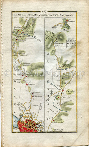1778 Taylor & Skinner Antique Ireland Road Map 147/148 Dublin Milltown Dundrum Kilternan Enniskerry Rathdrum Clonarf Baldoyle Howth Wicklow