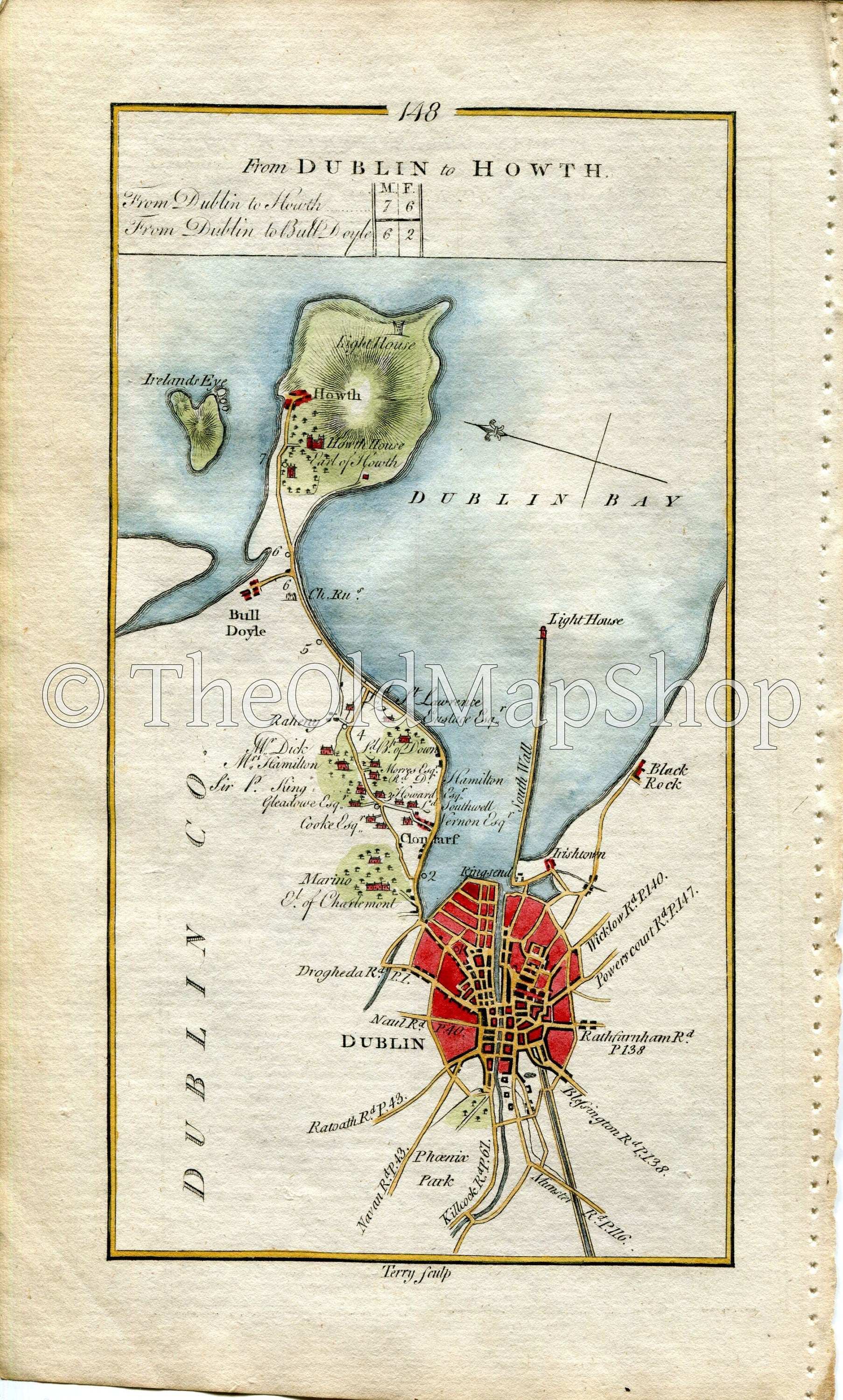 1778 Taylor & Skinner Antique Ireland Road Map 147/148 Dublin Milltown Dundrum Kilternan Enniskerry Rathdrum Clonarf Baldoyle Howth Wicklow